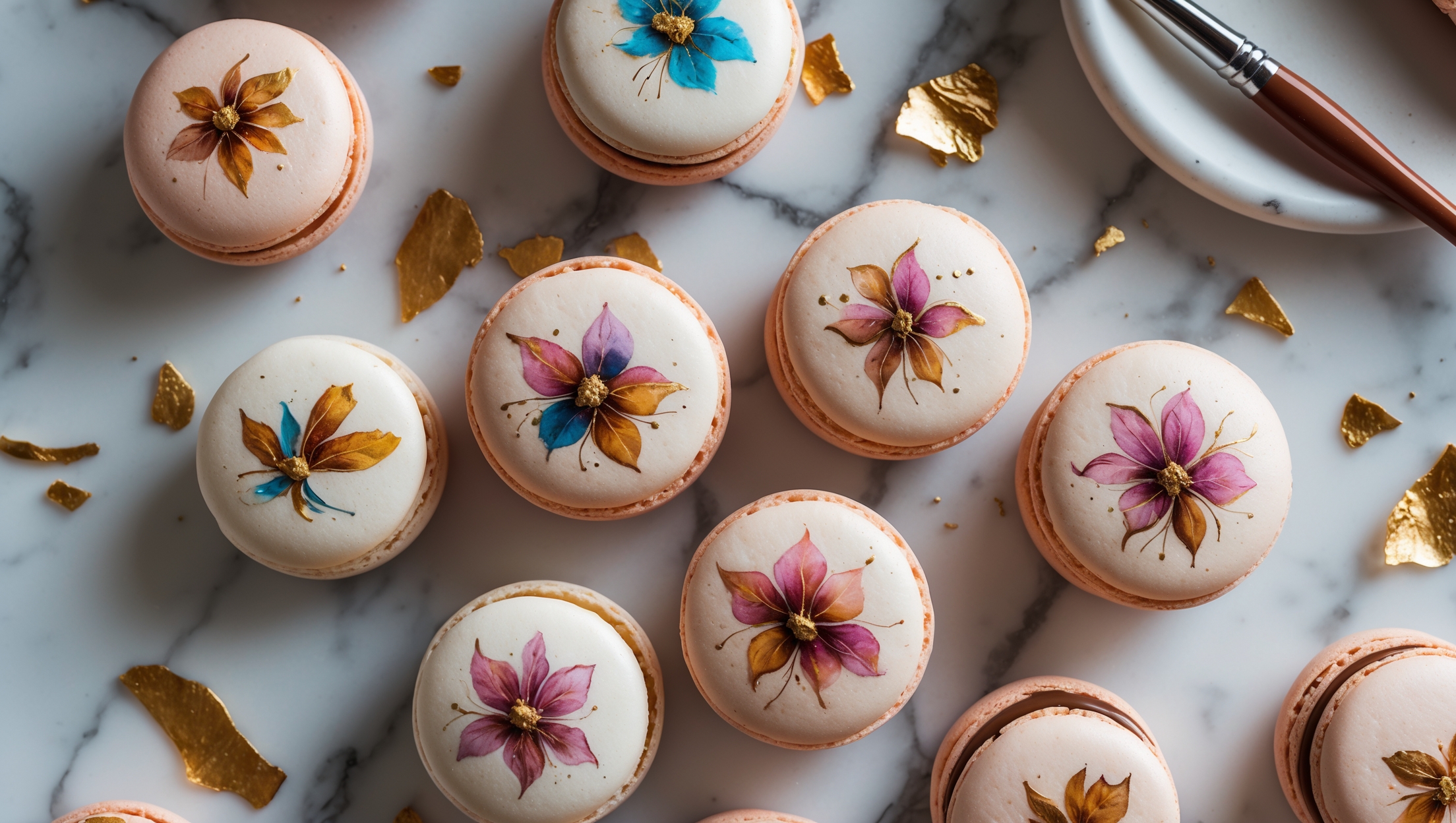 An overhead shot showcases a stunning arrangement of perfectly round macarons on a white marble surface, each decorated with intricate hand-painted designs in vibrant cocoa butter colors and accented with delicate fragments of gold leaf that catch the soft, diffused natural light. A close-up reveals the macaron's signature smooth tops and perfect "feet," while another angle displays the sandwich structure with glossy ganache peeking from between the shells. Scattered edible gold leaf pieces, paintbrushes, and cocoa butter pods create an artisan's workspace aesthetic, emphasizing the meticulous craftsmanship behind these sophisticated treats that balance visual artistry with delicate texture.