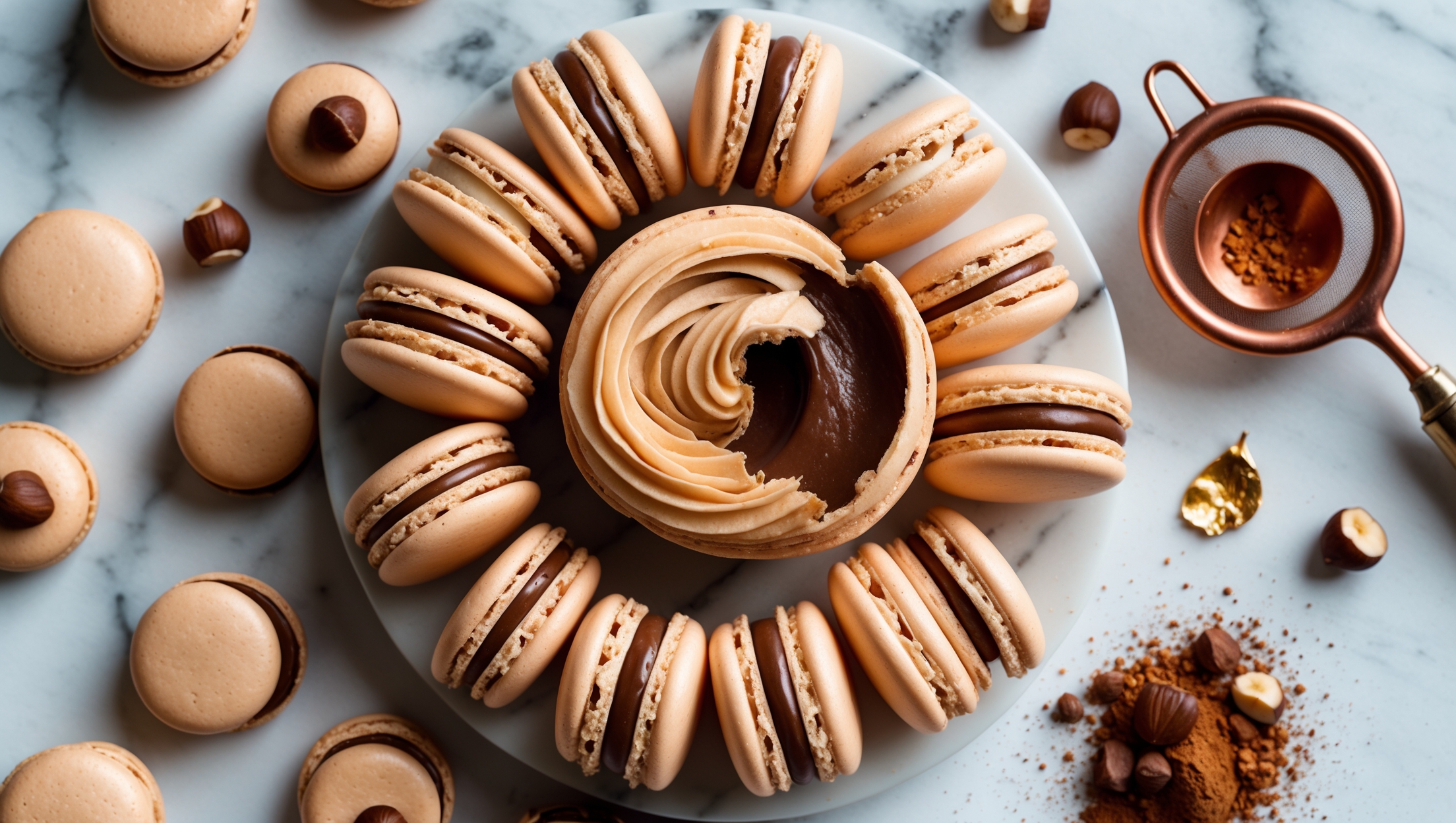 An overhead shot of perfectly formed hazelnut macarons arranged in a spiral pattern on a white marble surface, with a few broken open to reveal the smooth chocolate ganache filling. The soft natural light highlights the macarons' characteristic "feet" and their smooth, slightly glossy tops in warm caramel tones. Scattered hazelnuts, cocoa powder, and gold leaf accents create visual interest, while a vintage copper sieve and small bowl of ground hazelnuts sit artfully in the background, suggesting the artisanal process behind these elegant French treats.
