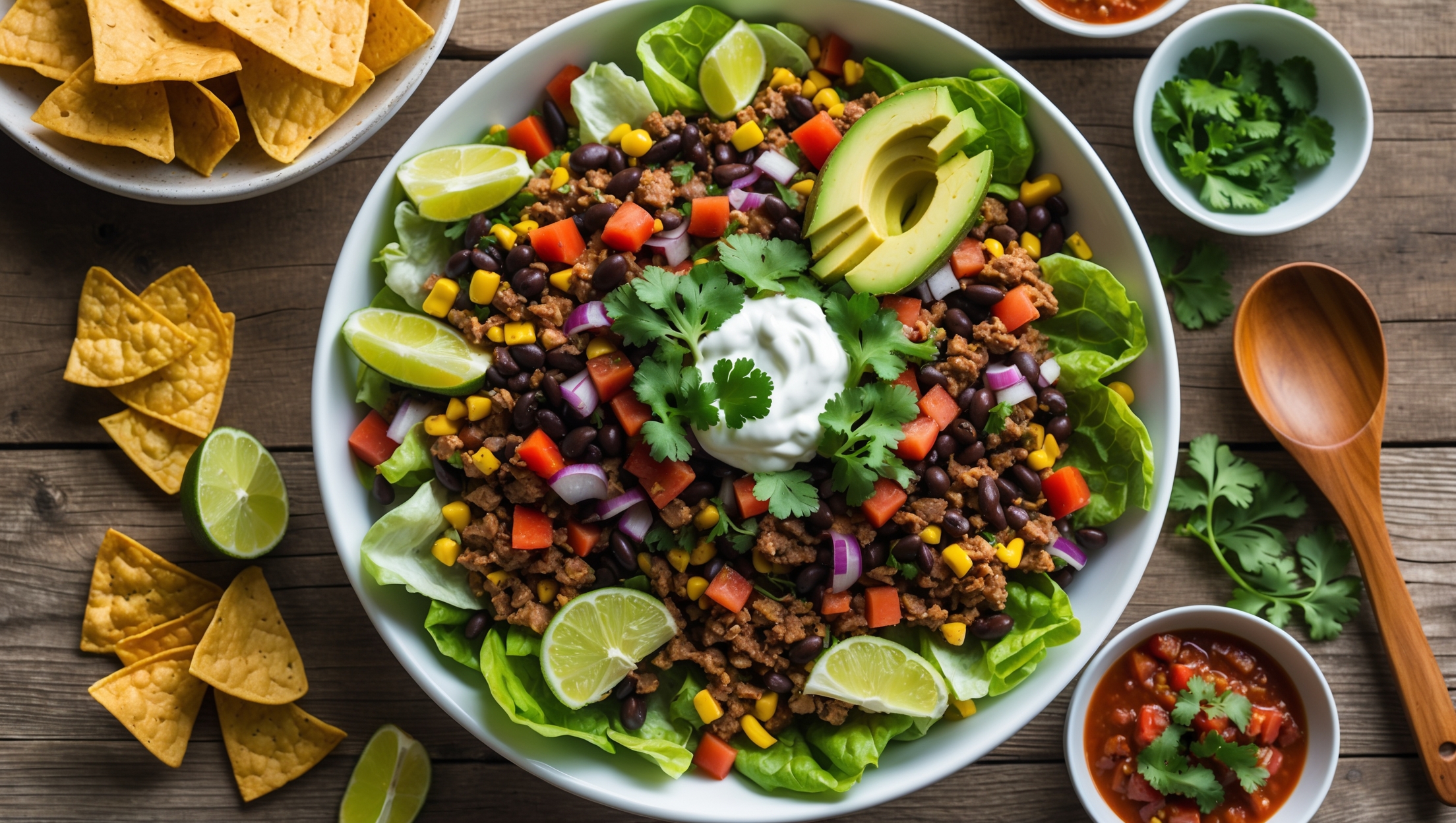 An overhead shot of a colorful taco salad in a large white serving bowl, with layers of crisp romaine lettuce topped with seasoned ground turkey, black beans, sweet corn, diced tomatoes, and red onions. A scatter of homemade baked tortilla chips creates height around the edges, while slices of avocado and a dollop of Greek yogurt crown the center. Lime wedges and fresh cilantro provide bright color accents. The lighting is bright natural daylight that highlights the fresh textures and vibrant colors. A small bowl of additional salsa sits nearby, with a wooden serving spoon resting on a rustic wooden table that complements the fresh, wholesome nature of this healthy meal.