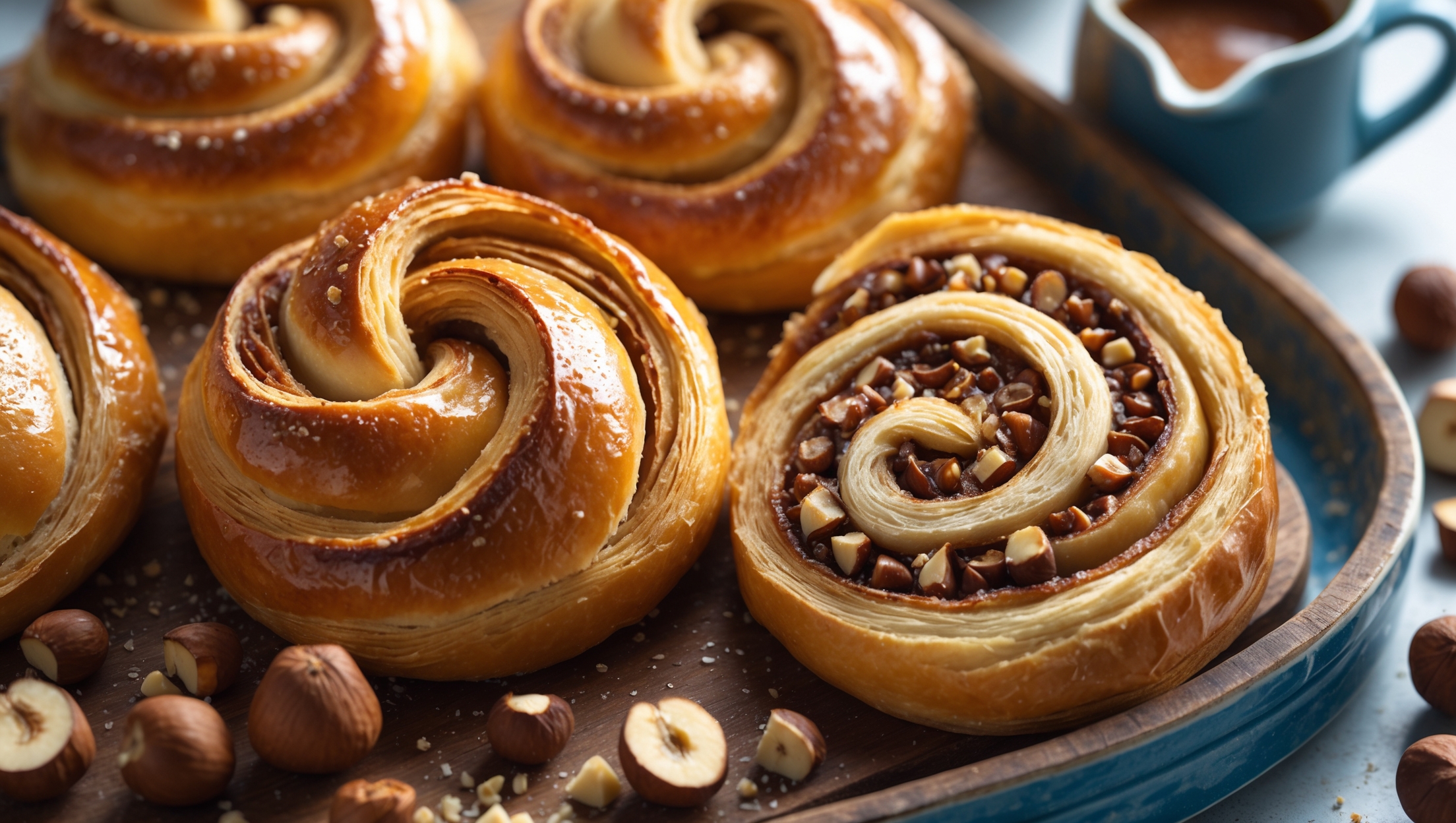 An overhead shot of golden-brown Hazelnut Danish pastries arranged on a vintage blue ceramic platter, with one pastry in the foreground showing its swirled layers and glossy glaze catching the soft morning light. The cross-section reveals buttery, flaky pastry layers and a rich hazelnut filling with visible chopped hazelnuts. Scattered whole and chopped toasted hazelnuts surround the pastries on the wooden serving board, while a small pitcher of extra glaze sits nearby. The warm amber tones of the pastry contrast beautifully with the deep brown filling, with tiny sugar crystals sparkling on the surface.
