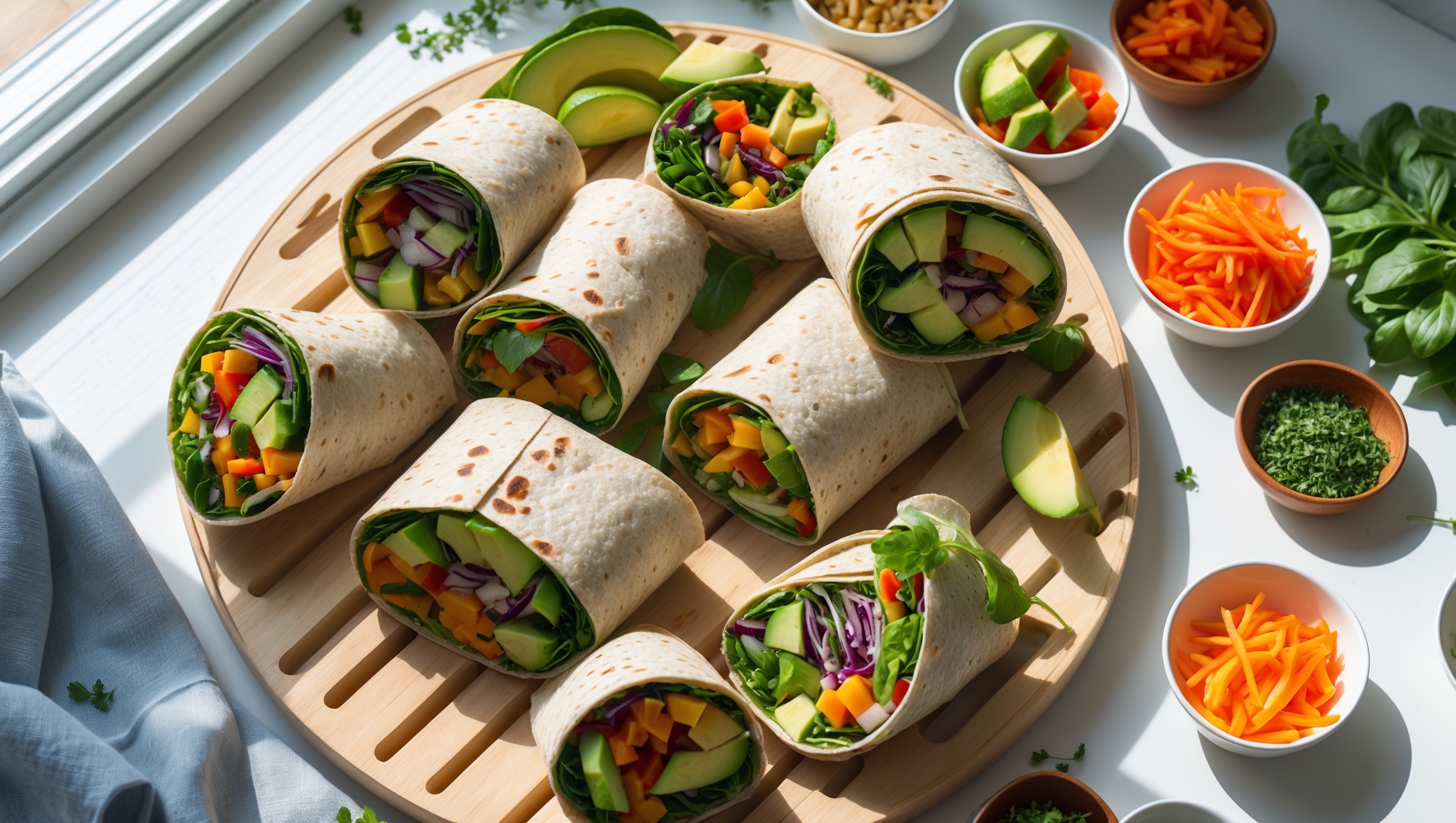 An overhead shot of colorfully arranged healthy lunch wraps on a light bamboo serving board, cut diagonally to reveal their vibrant layers of fresh vegetables, proteins, and herbs. Soft natural light streams in from a nearby window, highlighting the texture of the whole grain wraps and the crispness of the fresh ingredients inside. Surrounding the board are small bowls of various fillings and toppings – sliced avocado, multicolored bell peppers, shredded carrots, and sprigs of fresh herbs – creating a build-your-own-wrap scene. The composition shows both fully wrapped portions and half-cut wraps that display the colorful, nutrient-packed interiors, with a light drizzle of yogurt-herb sauce adding a finishing touch.
