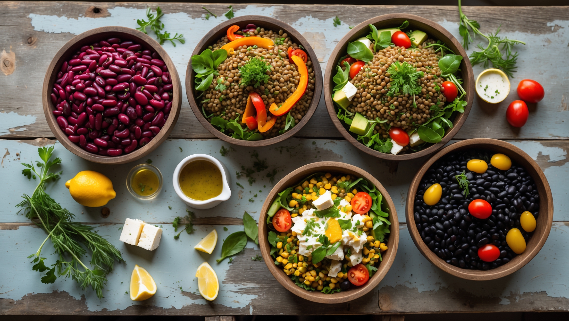 An overhead composition showcases three distinct hearty salads arranged in rustic wooden bowls on a weathered farmhouse table. Natural window light highlights the vibrant colors - ruby red kidney beans contrasting with bright green herbs, golden lentils paired with roasted orange bell peppers, and black beans mingling with yellow corn and red cherry tomatoes. Each salad features a different texture: some ingredients glisten with olive oil, others remain matte for textural contrast. Scattered fresh herbs, lemon wedges, and a small pitcher of dressing complete the arrangement, while visible chunks of feta cheese and avocado add creamy elements that complement the earthy beans and lentils.