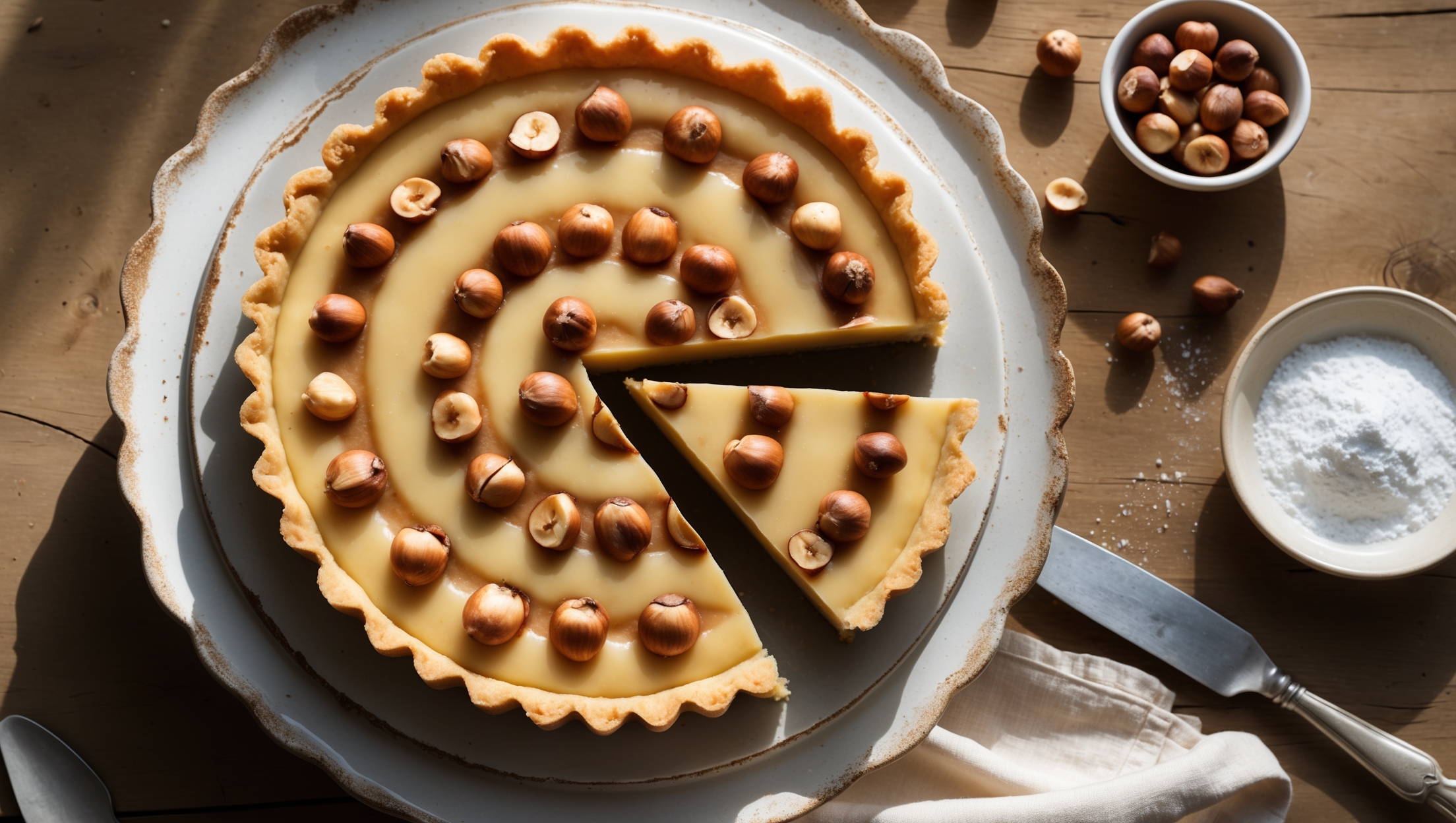 Overhead shot of a golden-brown hazelnut custard tart with a perfectly crimped edge, displayed on a vintage ceramic cake stand. Soft natural light creates gentle shadows highlighting the glossy custard surface adorned with concentric circles of caramelized, toasted hazelnuts. A cross-section view reveals the distinct layers of crisp pastry and velvety custard. The scene is completed with scattered whole and chopped hazelnuts, a small bowl of powdered sugar, and a silver serving knife on a rustic wooden table with a cream linen napkin adding texture to the composition.