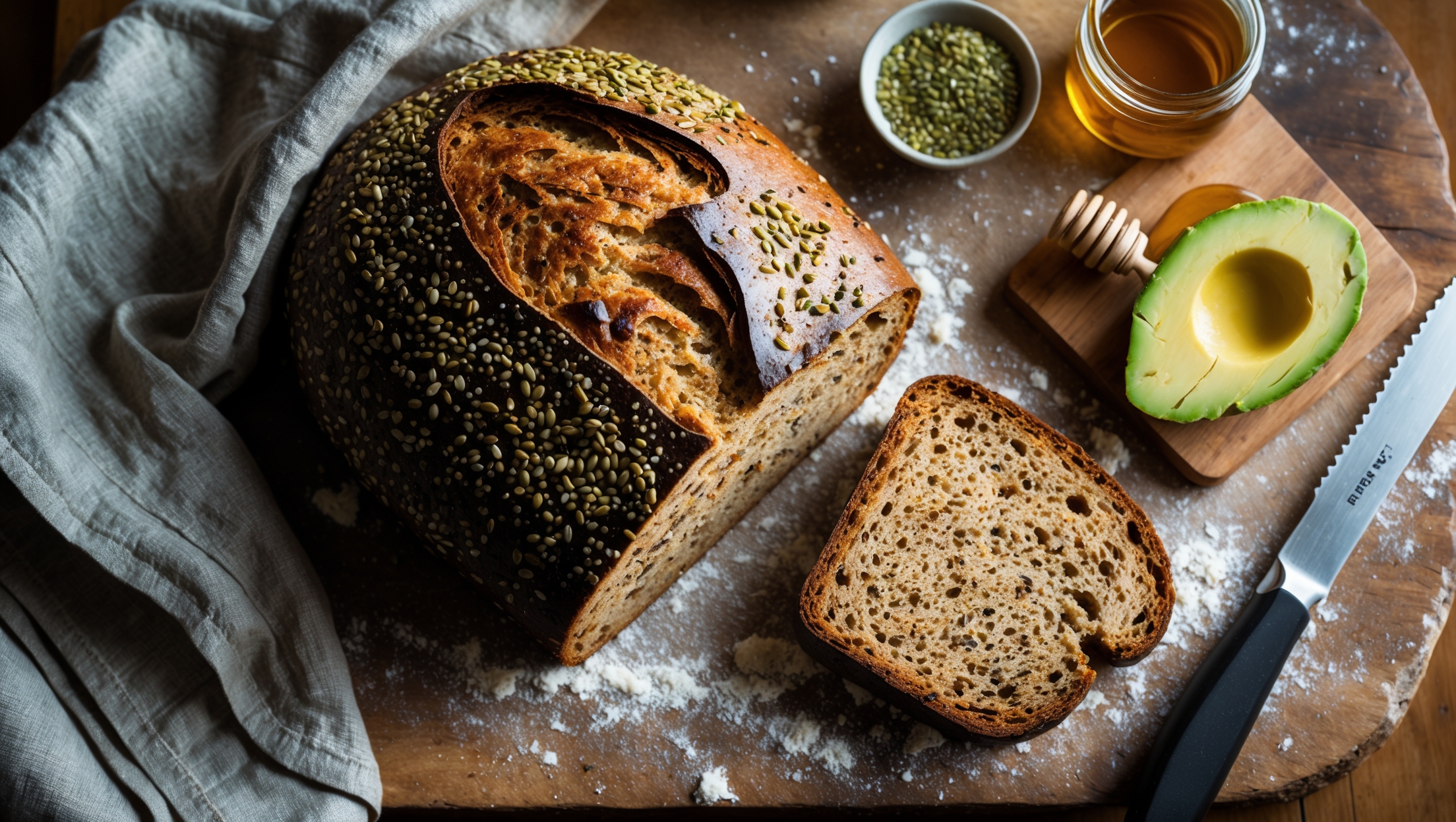 An overhead shot of a rustic hemp seed whole grain loaf, partially sliced to reveal its hearty texture and speckled interior dotted with hemp seeds. The bread rests on a weathered wooden cutting board dusted with flour, captured in warm natural light that highlights the bread's deep golden-brown crust. A linen napkin sits alongside with a small dish of hemp seeds and a jar of honey, while a serrated knife and slice of bread topped with avocado suggest serving possibilities. The image showcases the bread's substantial height, perfect rise, and the beautiful contrast between the dark crust and lighter, seed-flecked interior.