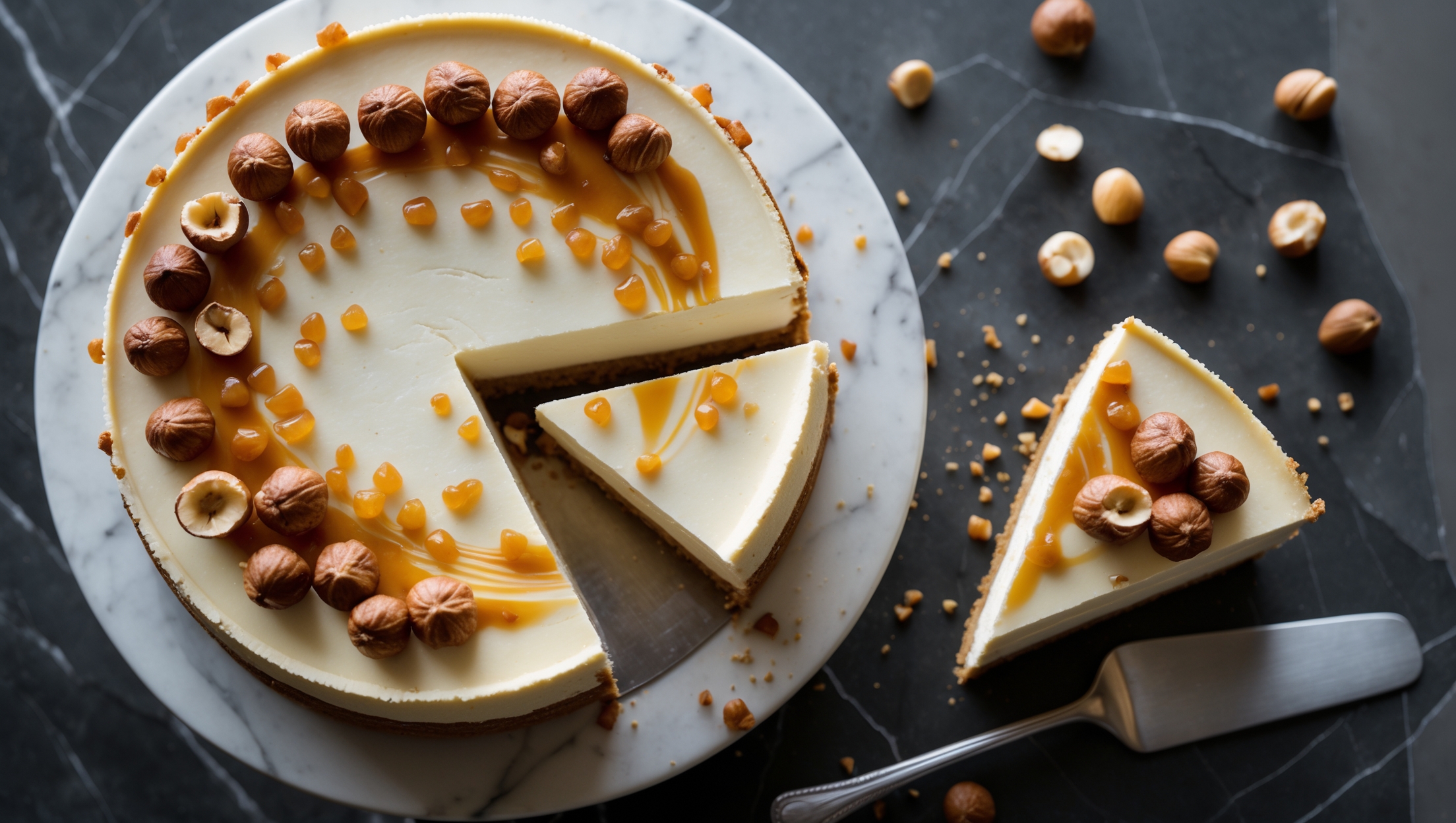 An overhead shot of a perfectly set Hazelnut Praline Cheesecake with a slice being removed to reveal its creamy interior. The cheesecake sits on a white ceramic cake stand against a dark marble countertop, with soft natural light illuminating the golden caramelized praline pieces scattered across the top. Small hazelnut clusters create height and visual interest, while the cross-section shows distinct layers: a golden-brown biscuit base, a pale ivory cream cheese filling, and a glistening praline topping. The surface has delicate swirls of caramel sauce catching the light, with whole hazelnuts artfully placed around the cake's perimeter. A silver cake server rests beside the removed slice, with a few stray praline crumbs adding authenticity to the composition.