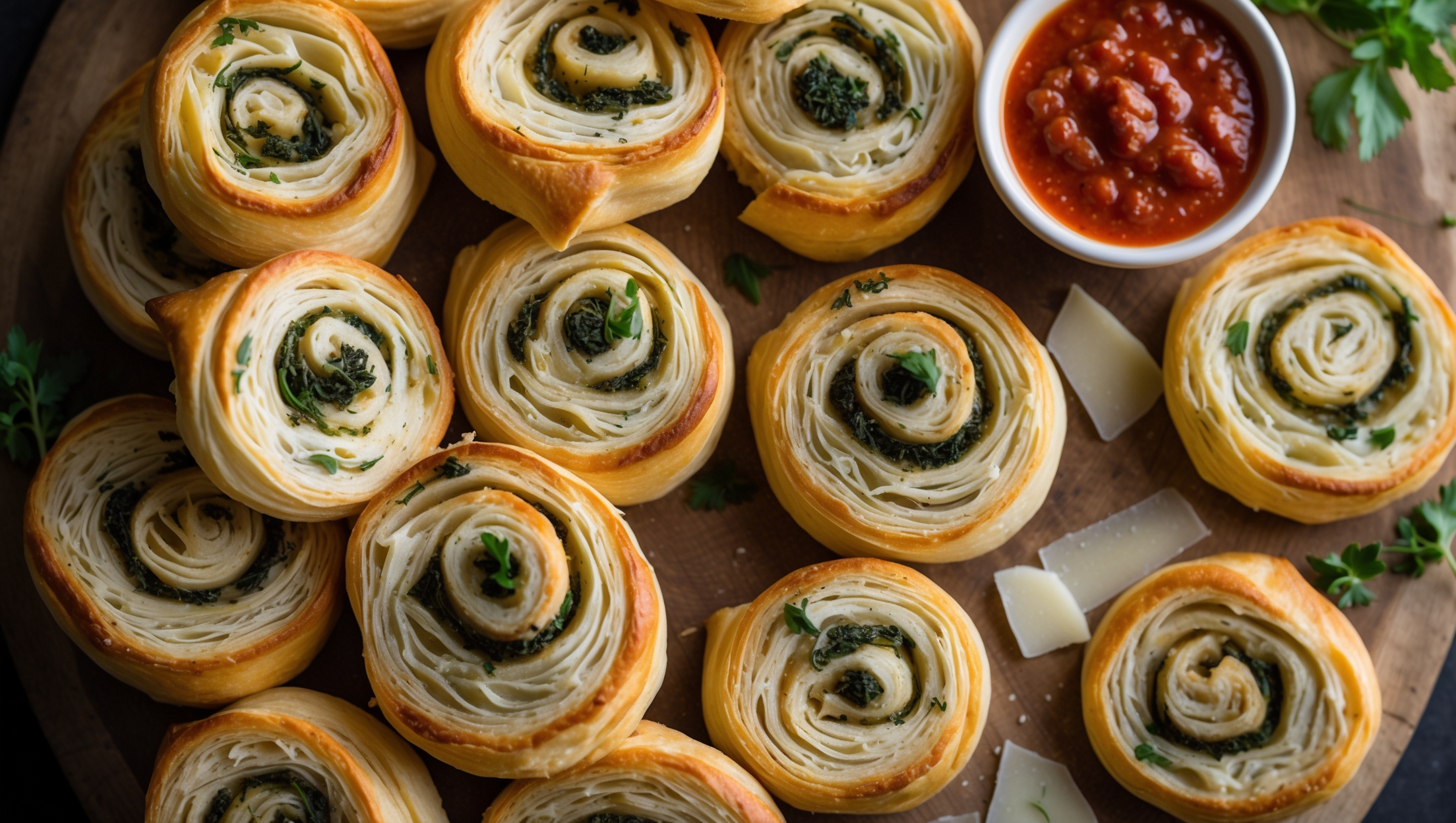 An overhead shot of golden-brown pinwheels arranged on a rustic wooden serving board, with several cut in half to showcase the swirled layers of pastry and herb-speckled cheese filling. Soft natural light highlights the flaky, buttery texture of the pastry and the vibrant green specks of fresh herbs nestled within the melted cheese. A small bowl of marinara dipping sauce sits nearby, alongside scattered fresh herbs and a few shavings of Parmesan cheese. The contrast between the golden exterior and the creamy filling creates visual interest, while steam gently rises from the freshly baked pinwheels, suggesting their warmth.