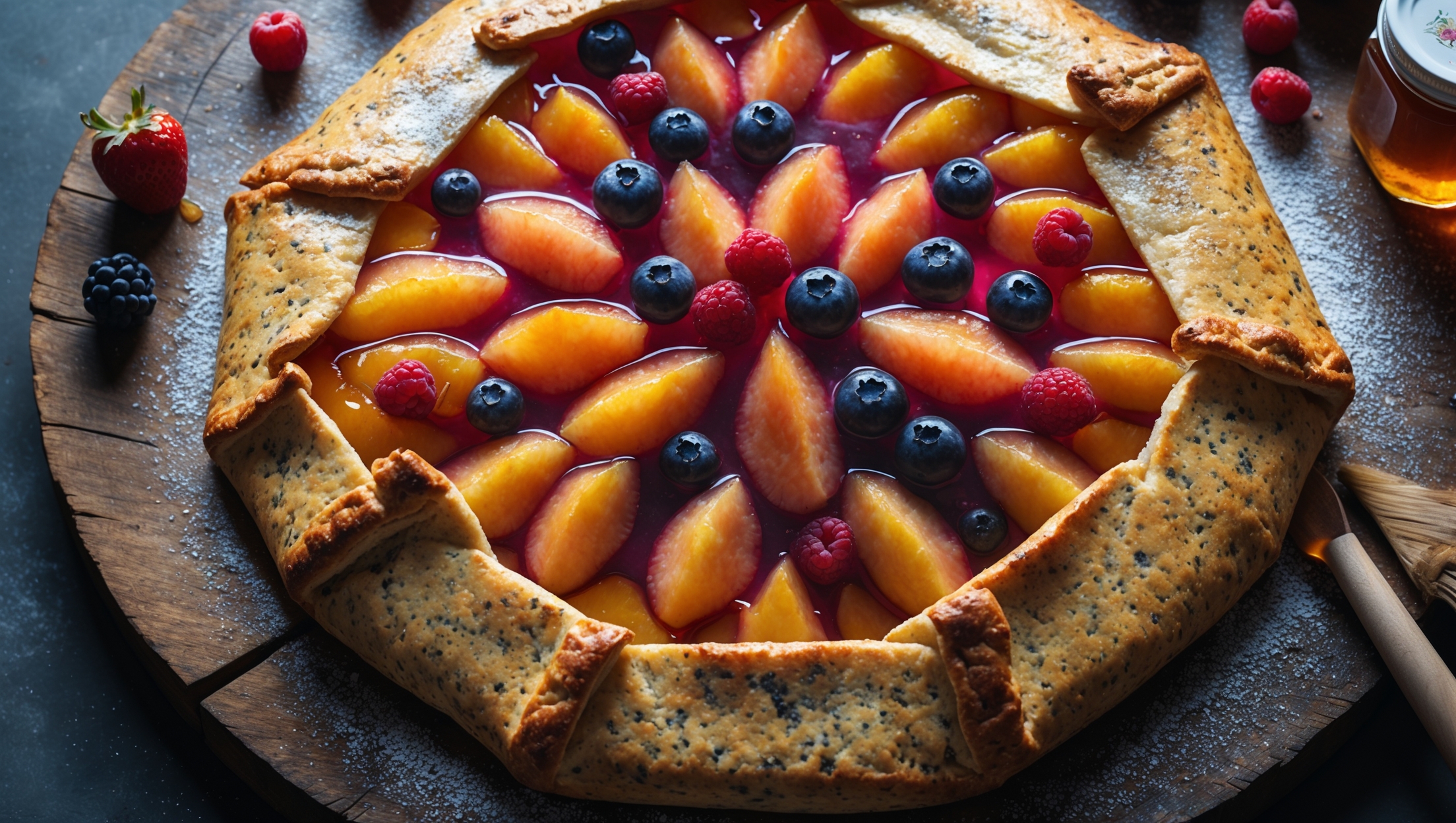 An overhead shot of a free-form galette with a deeply golden, flaky crust made from speckled heritage grains, its edges artfully folded over a vibrant arrangement of temperature-controlled fruit filling that glistens without being runny. Soft natural light highlights the caramelized edges of the crust and the varied textures of the fruits. A cross-section reveals distinct fruit pieces maintaining their integrity while set in a perfectly clear, shimmering gel. The tart rests on a weathered wooden board alongside scattered fresh berries, a small jar of honey, and a vintage pastry brush, with a dusting of powdered sugar creating elegant contrast against the rustic presentation.
