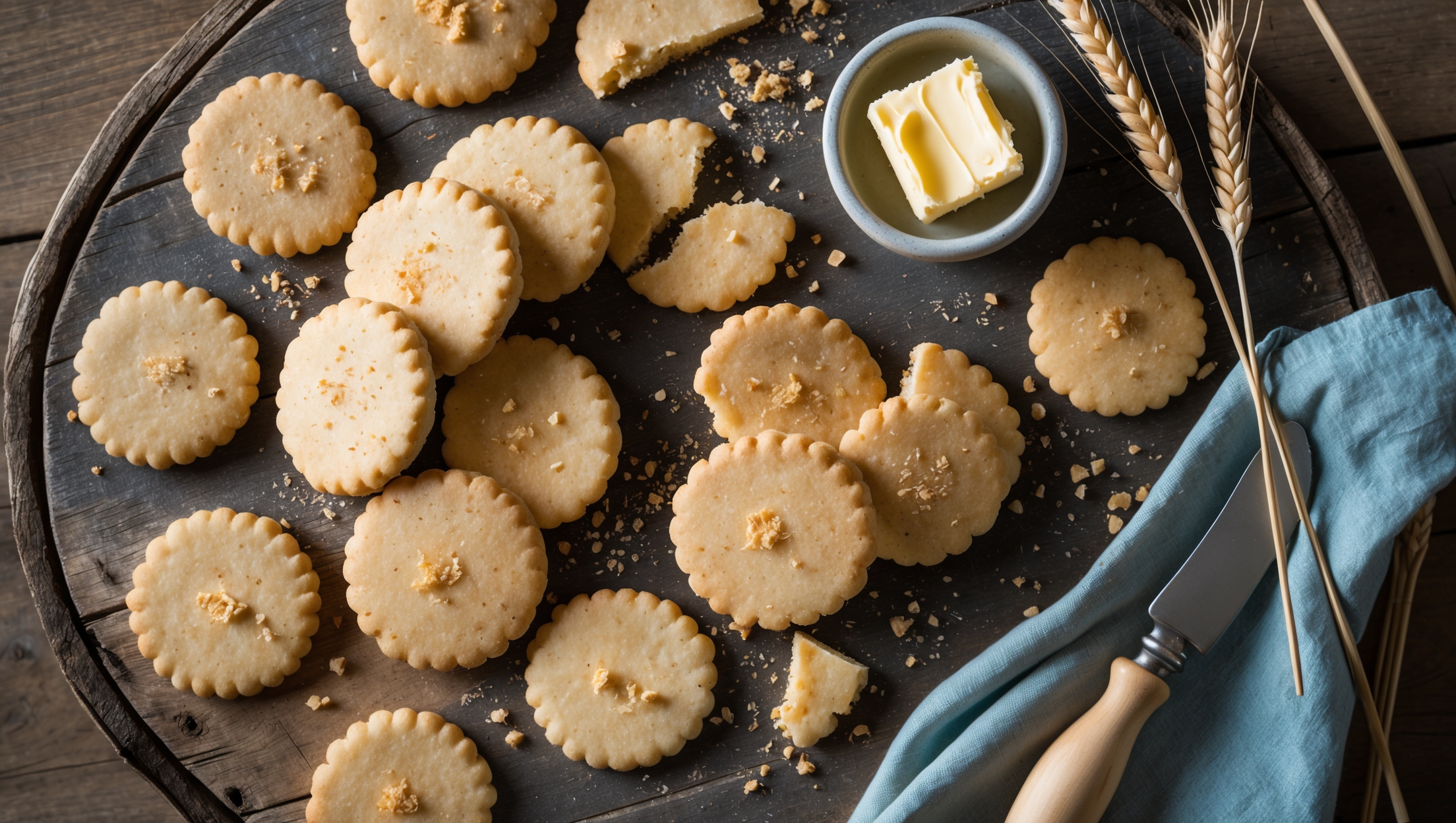 An overhead shot captures golden-brown shortbread cookies arranged in a casual spiral on a weathered wooden board. Several cookies are broken to reveal their sandy, tender interior texture. The soft afternoon light catches the glistening sugar crystals scattered across their tops, while crumbs create an artful scatter pattern. In the corner, a small ceramic crock holds pale yellow house-cultured butter with a wooden butter knife resting alongside. Stalks of heritage wheat and a linen napkin in muted blue frame the arrangement, completing the rustic, artisanal aesthetic that honors these traditional ingredients and techniques.