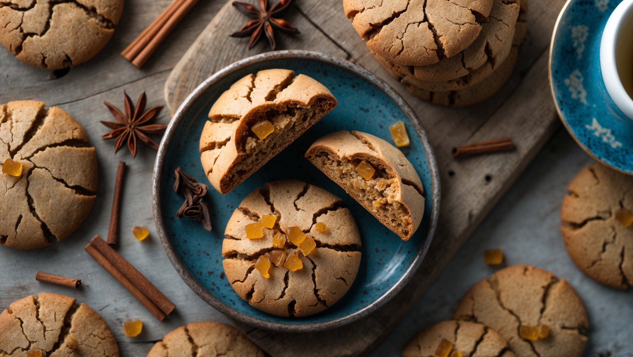 Overhead shot of rustic, artisanal cookies with attractive cracks across their golden-brown surfaces, displayed on a weathered wooden board with scattered whole spices—cinnamon sticks, star anise, and dried ginger pieces—creating context for the flavor profile. A close-up reveals the cookies' varied textures: crisp edges giving way to chewy centers studded with tiny crystallized ginger pieces that glisten in soft, diffused natural light. Several cookies are broken open, showcasing their hearty grain structure and speckles of spice throughout the tender crumb. A vintage blue ceramic plate holds a small stack, with a steaming cup of tea nearby, suggesting the perfect pairing for these aromatic treats.