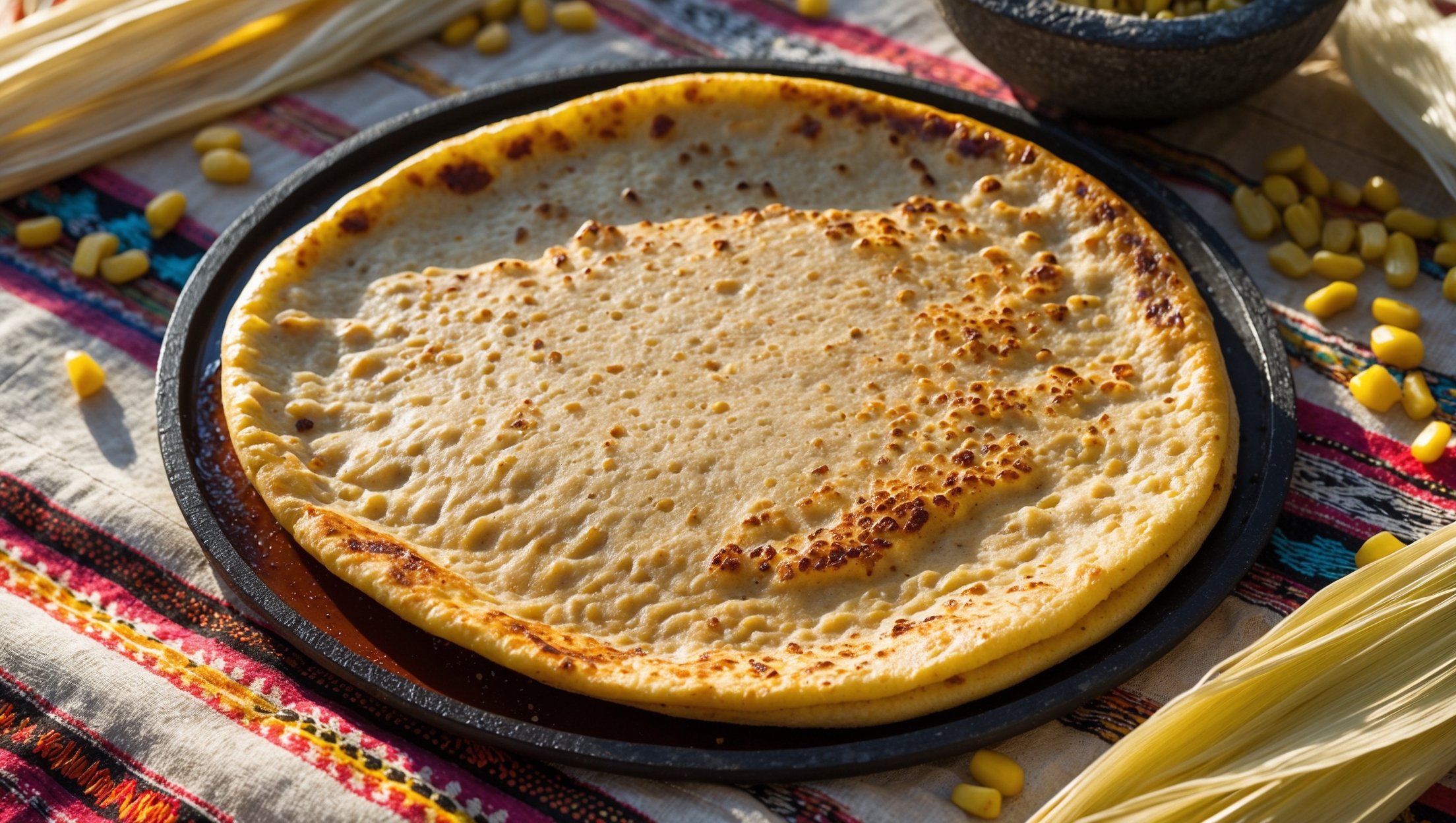An overhead shot of a golden-brown tlayuda with slightly charred edges, resting on a handwoven Mexican textile. The natural sunlight highlights the rustic, slightly uneven texture of the corn flatbread, with tiny air bubbles visible across its surface. In the background, scattered ingredients tell the story: colorful heritage corn kernels, limestone powder, and a traditional clay comal. A cross-section shot reveals the crisp yet pliable texture, while scattered corn husks and a stone molcajete add authenticity. The warm lighting emphasizes the earthy tones of the nixtamalized corn, showcasing its transformation from kernel to magnificent flatbread.