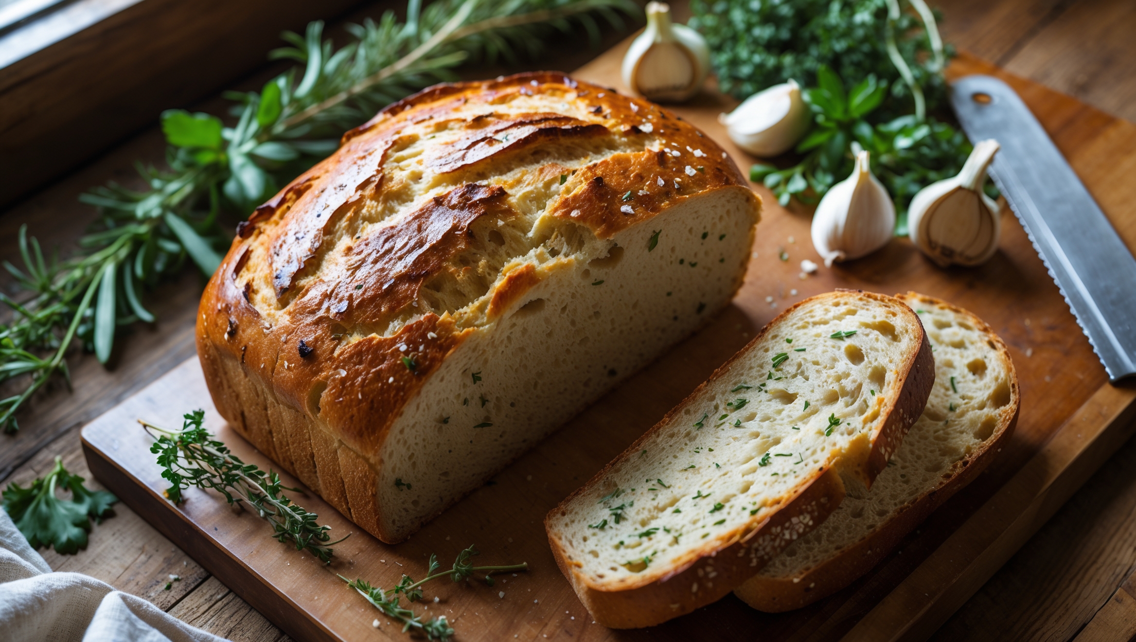 A rustic overhead shot of a perfectly golden-brown loaf of Herb and Garlic Sandwich Bread on a wooden cutting board, with one thick slice cut to reveal a light, airy crumb speckled with green herbs. Soft natural light streams in from a nearby window, highlighting the bread's glossy crust brushed with melted butter and sprinkled with sea salt flakes. In the background, sprigs of fresh rosemary, thyme, and parsley alongside roasted garlic cloves are artfully scattered, while a bread knife rests beside the loaf. The warm, comforting tones of the bread contrast beautifully with the earthy colors of the herbs, capturing the homemade quality and aromatic promise of this savory loaf.