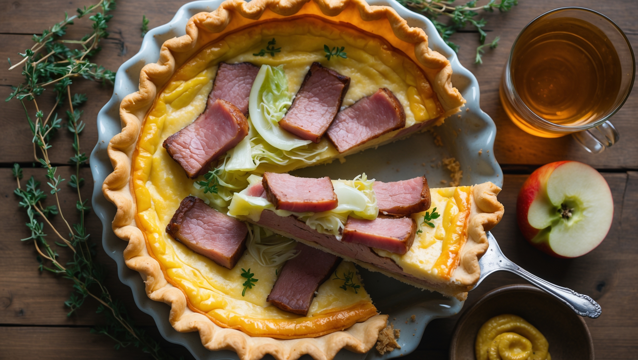 An overhead shot of a golden-brown quiche with a perfectly crimped edge, showcasing a slice being lifted to reveal layers of succulent pork belly and vibrant cabbage nestled in a creamy custard. Natural light streams across the scene, highlighting the flaky texture of the pastry and the glistening pieces of pork. The quiche rests on a vintage ceramic stand surrounded by scattered fresh thyme sprigs, apple slices, and a small bowl of grainy mustard. A glass of amber cider sits nearby, complementing the rustic wooden table setting and creating a sophisticated farmhouse aesthetic.