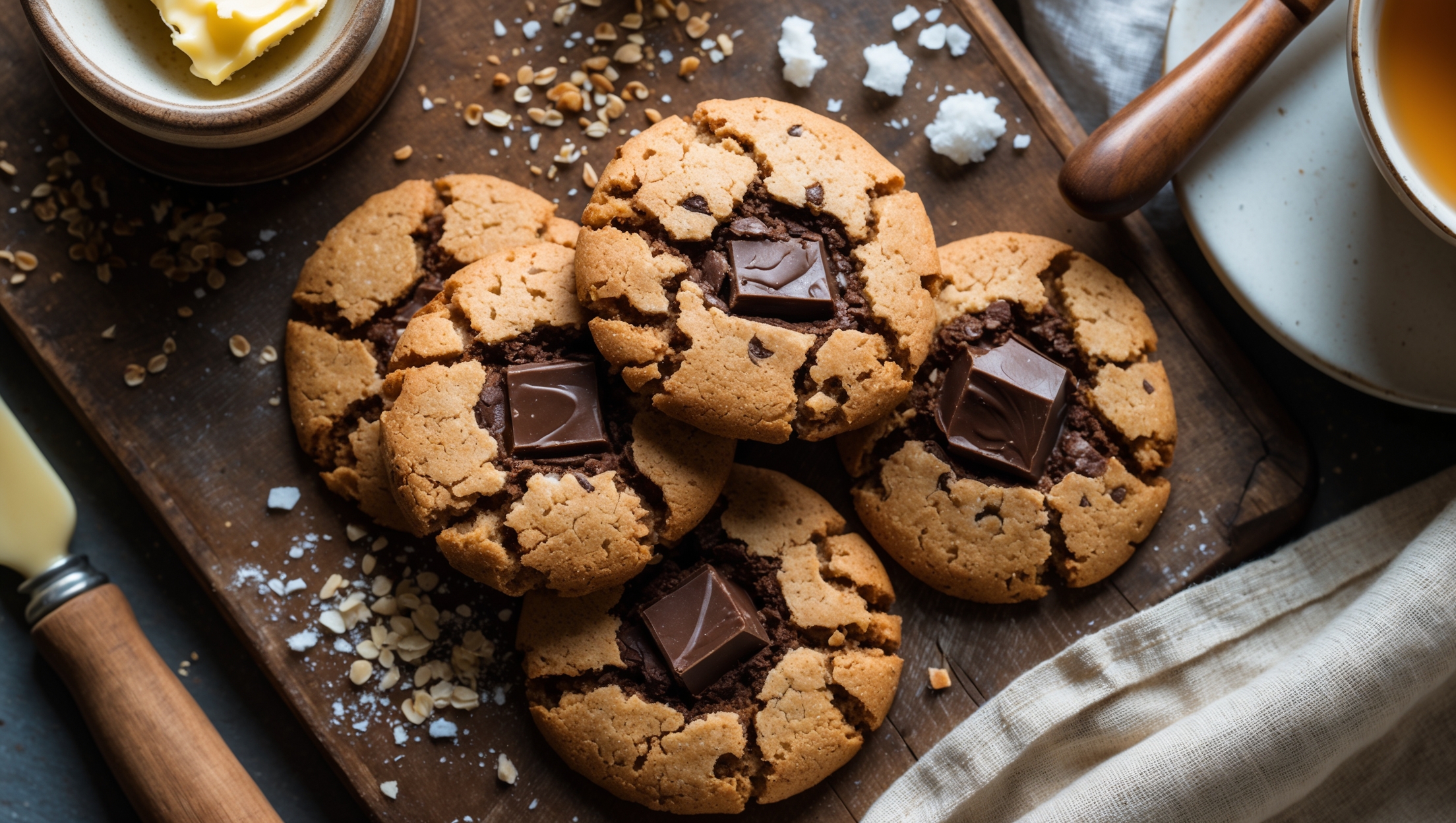 Overhead shot of golden-brown cookies with visible chunks of chocolate glistening in soft natural light, showcasing rich color variations from the blend of heritage grains. A cross-section view reveals chewy centers with pockets of melted chocolate against a textured crumb. The cookies rest on a vintage wooden board with scattered heritage flour, raw sugar crystals, and flaky sea salt catching the light. A small ceramic crock of cultured butter with a wooden butter knife sits alongside, emphasizing the artisanal ingredients. The warm, earthy tones of the heritage grains contrast beautifully with the dark chocolate, while a linen napkin and steaming cup of tea suggest the perfect pairing.