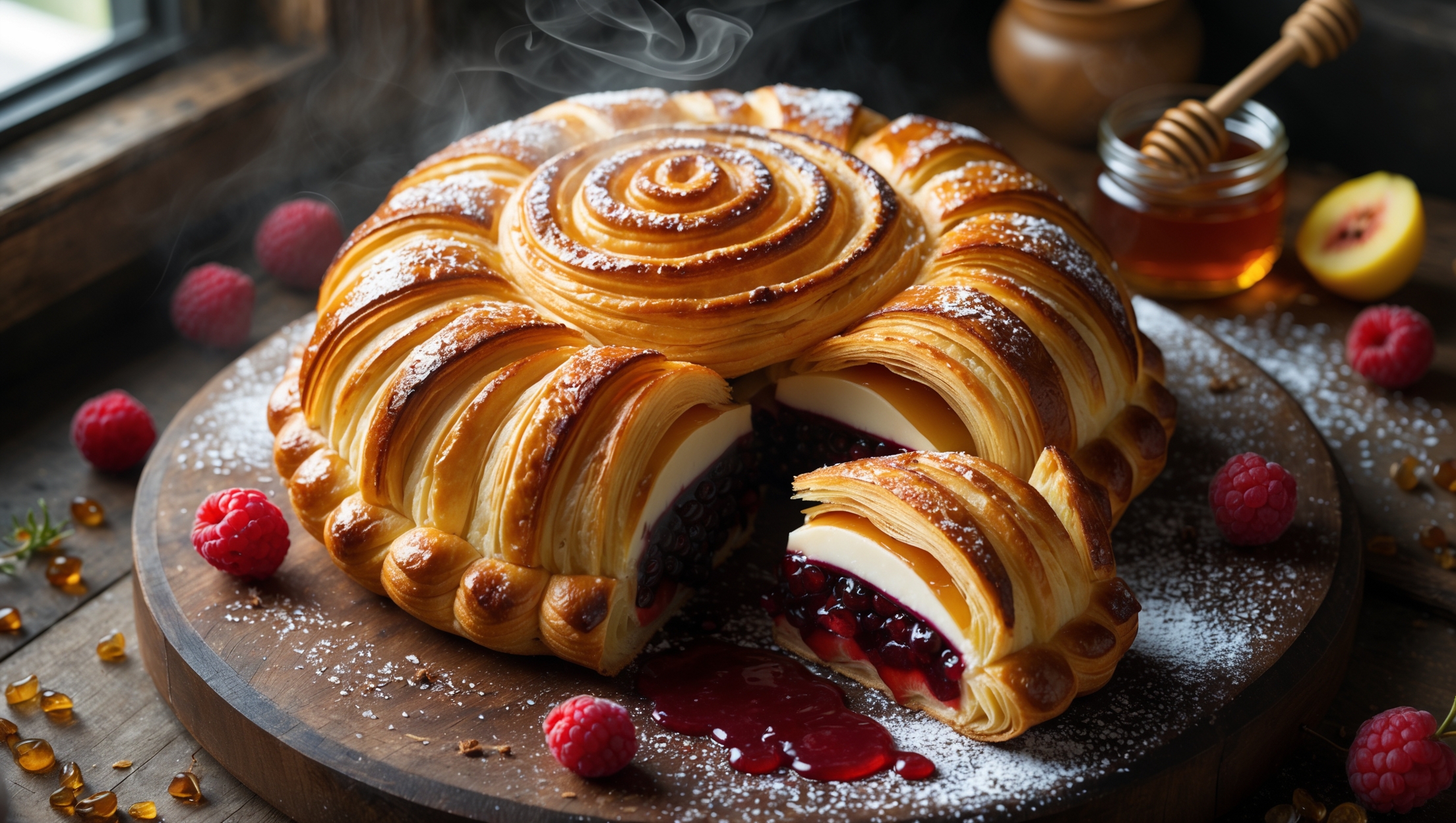 An overhead shot captures a golden-brown Heritage Grain Pithivier with its signature decorative spiral pattern etched across the domed surface. Natural light streams in from a nearby window, highlighting the flaky layers and caramelized edges of the pastry. A cross-section view reveals distinct layers of amber-colored frangipane, ruby-red fruit preserves, and pale cream filling. The pithivier sits on a vintage wooden serving board with scattered heritage grain berries, a small pot of honey, and fresh seasonal fruit surrounding it. A light dusting of powdered sugar creates contrast against the rich golden pastry, while steam gently rises from a freshly cut slice, suggesting the warm, aromatic interior.