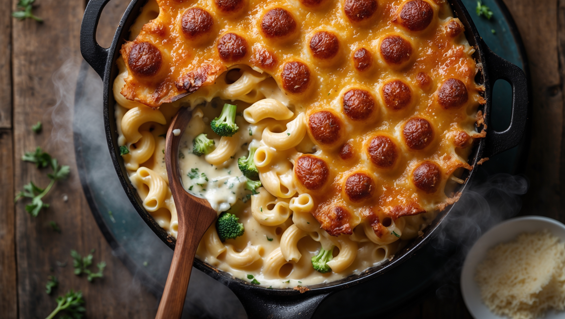 An overhead shot of a bubbling, golden-topped mac and cheese in a rustic cast-iron skillet, captured in warm natural light. The crust reveals a beautifully browned, crispy cheese layer with pockets where the cheese has caramelized to a deep amber. Below this irresistible top, a cross-section view reveals creamy, velvety cheese sauce coating each pasta shell, with tiny specks of green barely visible—the clever disguise of puréed broccoli. Steam rises gently from the dish, creating a soft haze around the edges. A wooden serving spoon dips into one corner, pulling up a stretchy cheese portion that shows the perfect consistency. The skillet sits on a weathered wooden table with scattered fresh herbs and a small bowl of additional grated parmesan nearby for serving.