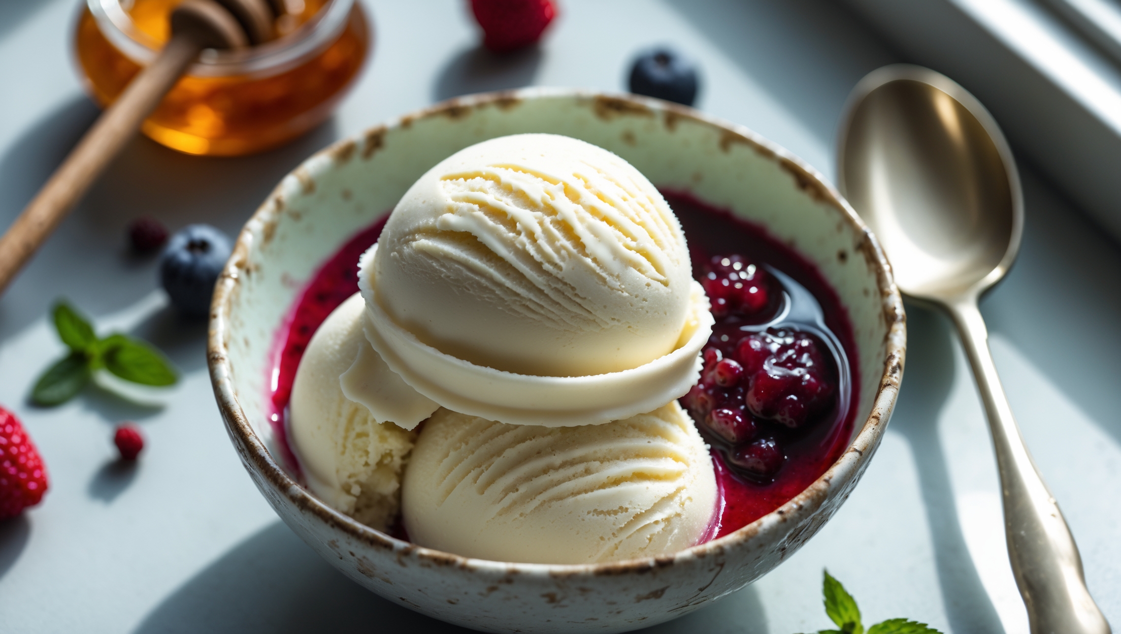 An overhead shot of two scoops of pale ivory ice cream nestled in a vintage ceramic bowl, showcasing its smooth, dense texture with tiny speckles of vanilla bean. A dollop of fresh berry compote melts slightly at the edges, creating a vibrant contrast against the creamy base. The scene is bathed in soft natural light streaming through a window, highlighting the subtle sheen of the ice cream. In the background, scattered fresh berries, a small pot of honey with a wooden dipper, and a sprig of mint provide context to the high-protein nature of this sophisticated dessert. A silver spoon with a bite-sized portion rests against the bowl, revealing the ice cream's perfect scoopable consistency.
