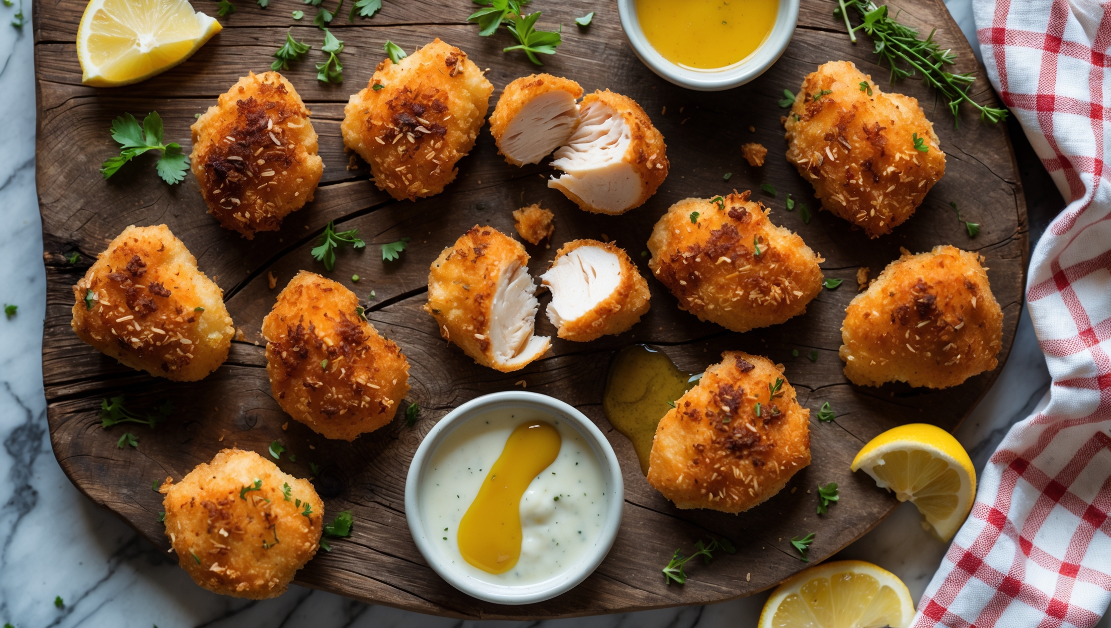 An overhead shot of golden-brown chicken nuggets arranged on a rustic wooden serving board, with several pieces broken open to reveal the juicy white meat inside. The crispy coating has visible herbs and spices, creating beautiful texture and color contrast. A small ramekin of honey mustard dipping sauce sits nearby, with a drizzle trailing toward the nuggets. Soft natural light highlights the crunchy exterior, while scattered fresh herbs and a wedge of lemon add brightness to the composition. The scene is captured on a marble countertop with a checkered kitchen towel peeking into the frame, giving it a homemade, welcoming feel.