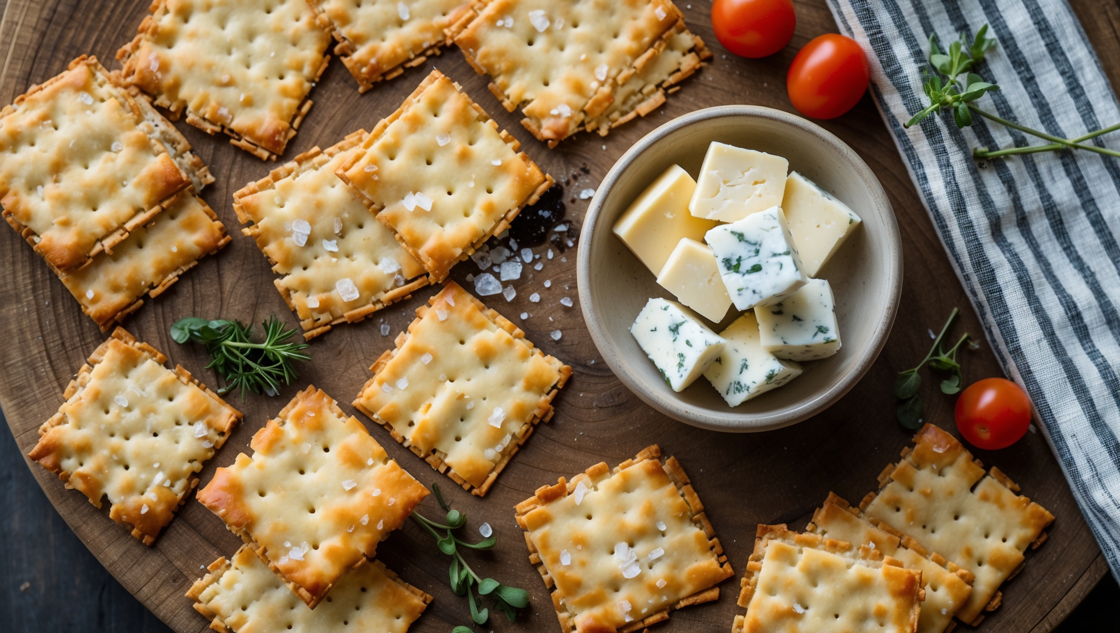 An overhead shot of a rustic wooden board featuring golden-brown homemade crackers with crisp edges and flecky salt crystals arranged around a small ceramic bowl of alternating string cheese sticks and marbled cheese cubes. Soft natural light highlights the crackers' flaky layers and the cheeses' creamy surfaces. Scattered fresh herbs, a small pot of honey, and a few cherry tomatoes add pops of color, while a striped linen napkin adds texture. The warm amber tones of the crackers contrast beautifully with the ivory and pale yellow cheeses, creating an inviting snack platter perfect for casual entertaining.