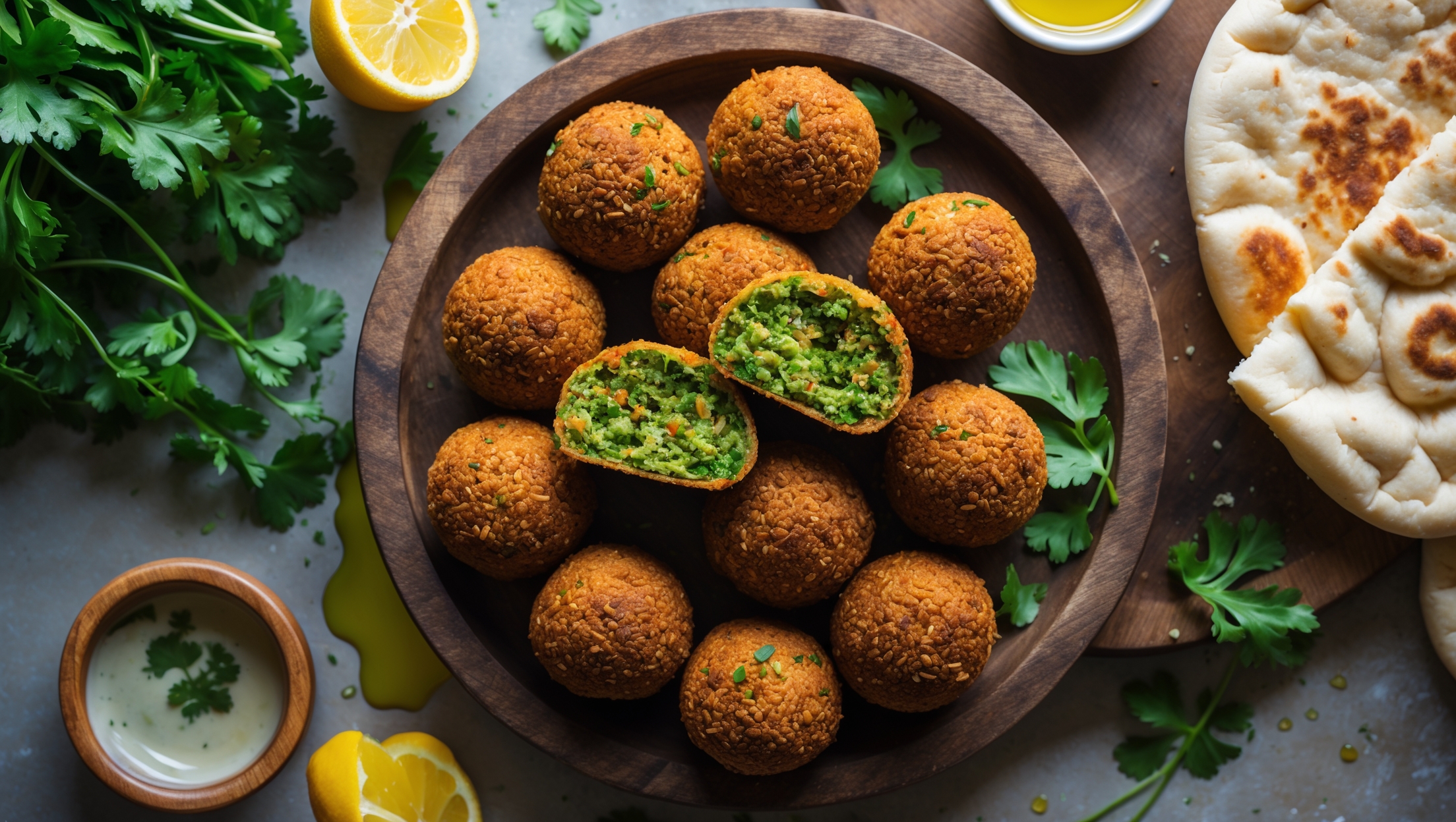 An overhead shot of golden-brown falafel balls with perfectly crispy exteriors arranged on a rustic wooden serving board. A cross-section view reveals their vibrant green interior, showcasing the flecks of fresh herbs and spices. Soft natural light highlights the textural contrast between the crunchy exterior and fluffy interior. Scattered around the falafel are fresh ingredients used in the recipe - sprigs of parsley and cilantro, sliced lemons, and a small bowl of tahini sauce. A piece of warm pita bread partially frames the composition, with a drizzle of olive oil catching the light, creating an inviting Mediterranean scene.