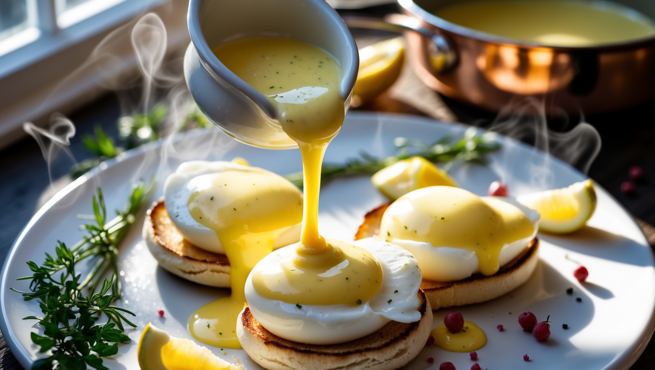 An overhead shot of a gleaming Hollandaise sauce being drizzled from a small white porcelain pitcher onto perfectly poached eggs atop toasted English muffins. The sauce catches the soft natural light streaming through a nearby window, highlighting its silky, pale yellow texture and smooth consistency. Surrounding the plate are scattered fresh herbs, lemon wedges, and a few whole pink peppercorns, while wisps of steam rise from the warm sauce. The copper-bottomed saucepan used in preparation sits slightly blurred in the background, suggesting the careful temperature control required for this classic emulsion.