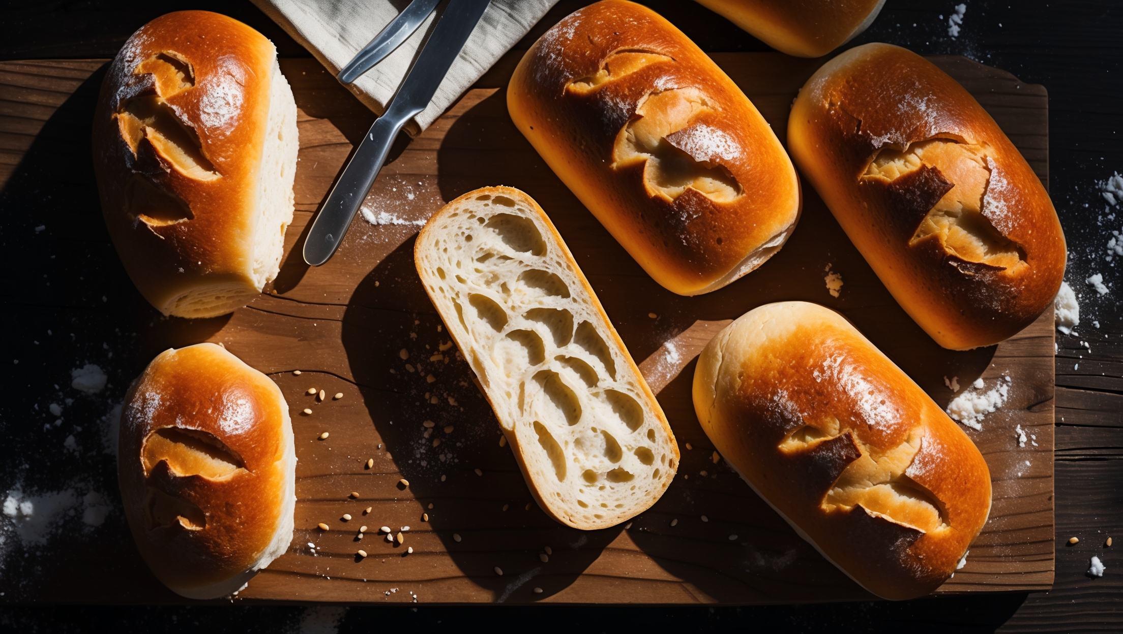 Overhead shot of freshly baked hoagie rolls arranged on a rustic wooden board, their golden-brown exteriors glistening under soft natural light. A cross-section view reveals the airy, tender white crumb structure with irregular holes typical of artisan bread. Steam still visibly rises from one roll that's been split open, showcasing the perfect contrast between the crisp crust and pillowy interior. Scattered flour and a few sesame seeds create visual texture against the dark wood background, while a cloth napkin and butter knife suggest immediate enjoyment. The dramatic length shadows emphasize the rolls' perfectly oblong shape and scored tops that cracked beautifully during baking.