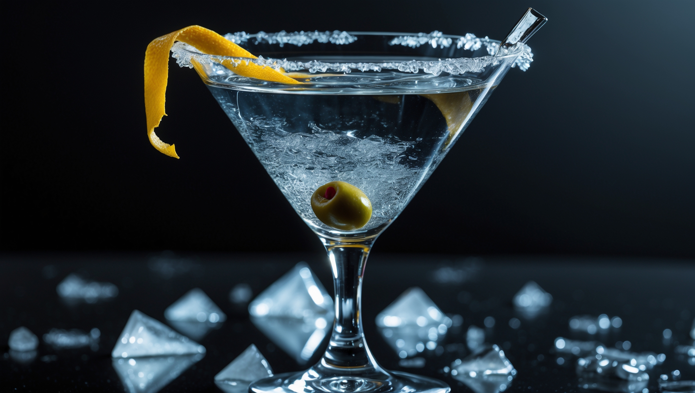 A perfectly chilled martini glass photographed against a dark backdrop, capturing the pristine clarity of the vodka martini with dramatic lighting that highlights its diamond-like brilliance. A thin twist of lemon peel rests delicately on the rim, its oils glistening on the surface of the drink. Ice crystals form on the exterior of the glass, suggesting extreme cold, while the crystal-clear liquid catches the light, creating striking reflections through the V-shaped glass. The minimalist presentation emphasizes the cocktail's sophisticated simplicity with a single olive pierced by a silver pick visible beneath the surface.