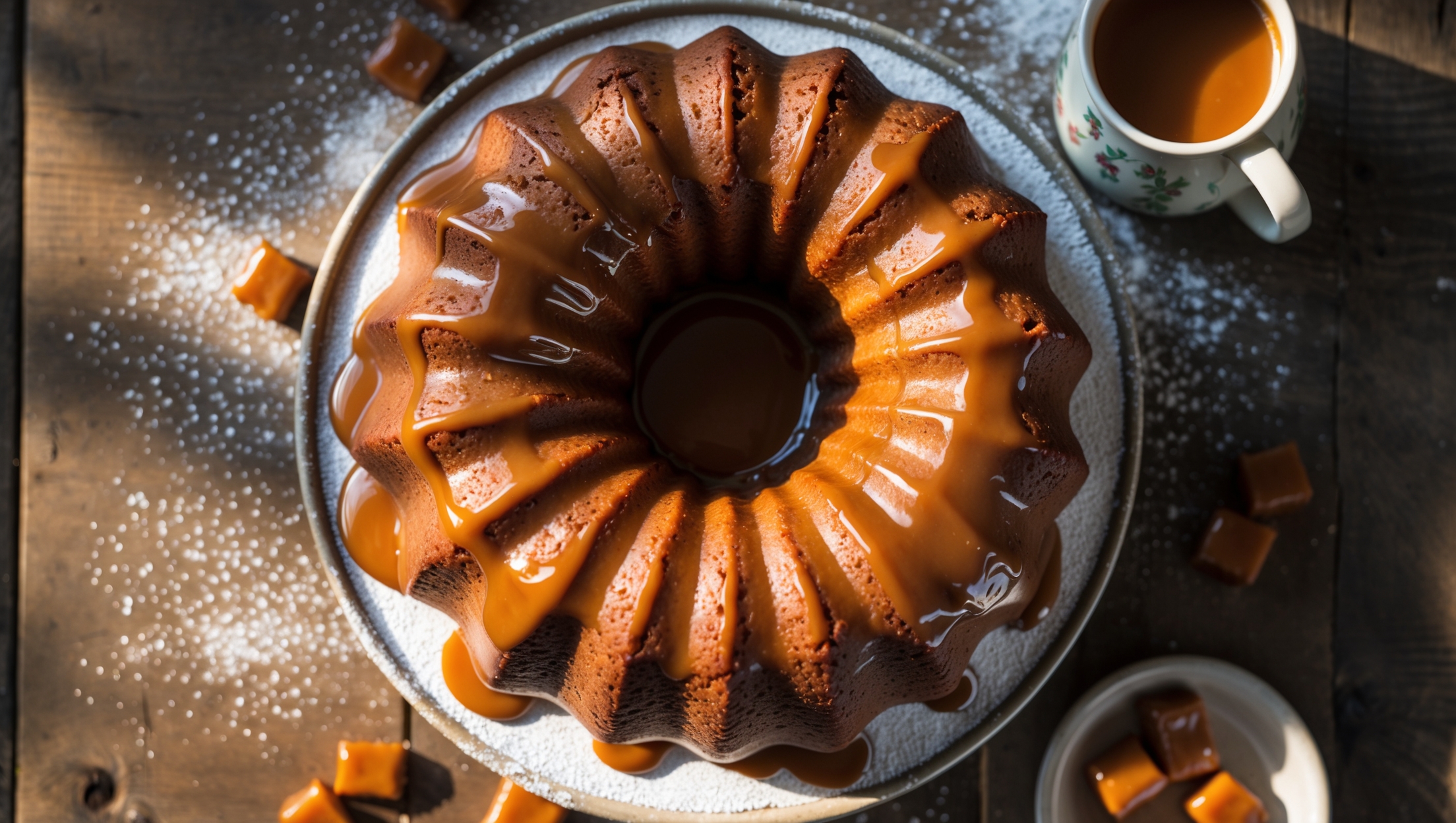 An overhead shot of a golden-brown bundt cake with its distinctive ridged pattern on a vintage cake stand, bathed in warm afternoon light. The glossy dulce de leche glaze drips tantalizingly down the cake's curves, pooling slightly at the base. A cross-section reveals a moist, caramel-toned crumb with ribbons of dulce de leche running through it. Scattered around the base are a few whole caramels and a small ceramic pitcher of extra sauce. The rustic wooden table beneath adds warmth, while a dusting of powdered sugar catches the light, highlighting the cake's perfect contours and soft texture.