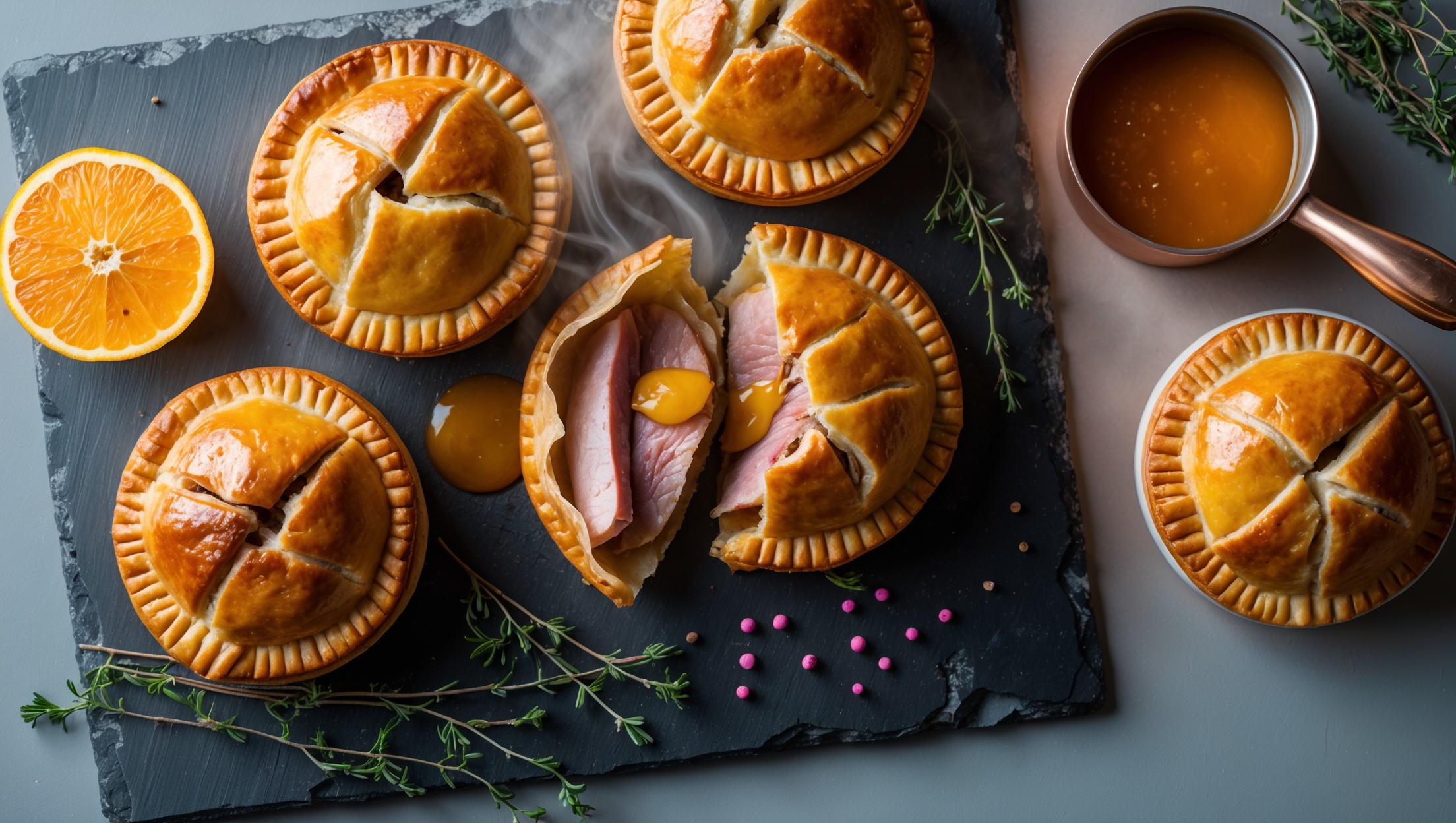 An overhead shot captures golden-brown individual duck pies arranged on a weathered slate serving board, with one pie cut open to reveal the succulent duck filling glistening with orange sauce. Soft natural light highlights the flaky pastry's layers and the caramelized edges. A small copper saucepan of extra orange sauce sits nearby, alongside fresh orange segments, thyme sprigs, and scattered pink peppercorns. Steam rises gently from the exposed filling, emphasizing the warmth of these elegant hand pies against the cool gray backdrop.