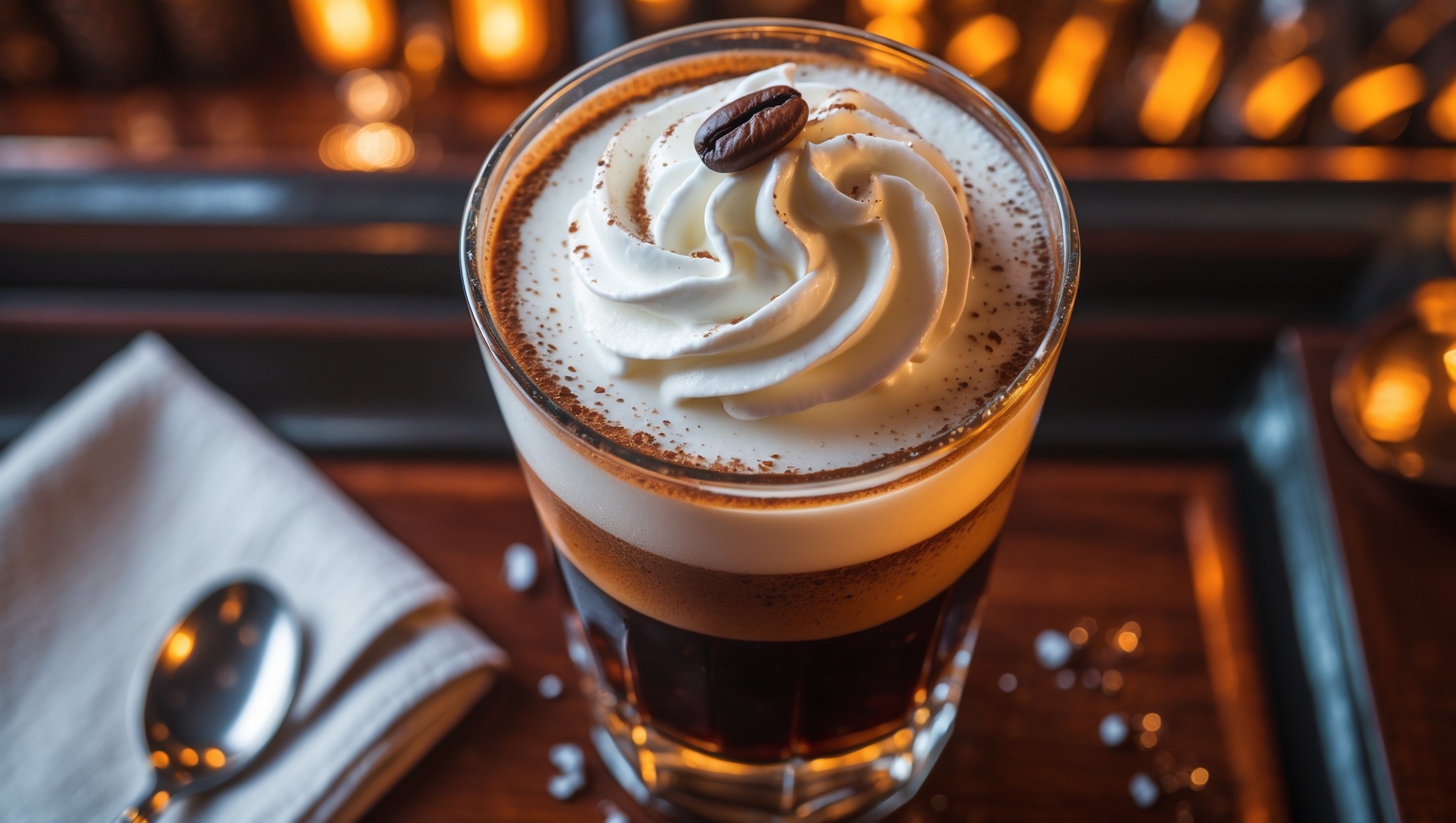An overhead shot of a tall glass tumbler showcasing distinct layers of deep mahogany coffee and whiskey blend, topped with pristine white whipped cream that's just beginning to melt into the dark liquid below. Amber-tinted bar lighting catches the glass edges, creating a warm glow against the dark cocktail. A light dusting of cocoa powder creates a delicate pattern across the cream's surface, while a single coffee bean rests on top as garnish. Droplets of condensation form on the glass's exterior, suggesting the refreshing chill within. The scene is completed with a folded napkin and perhaps a small spoon nearby, all arranged on a polished wooden bar surface that reflects subtle hints of light.