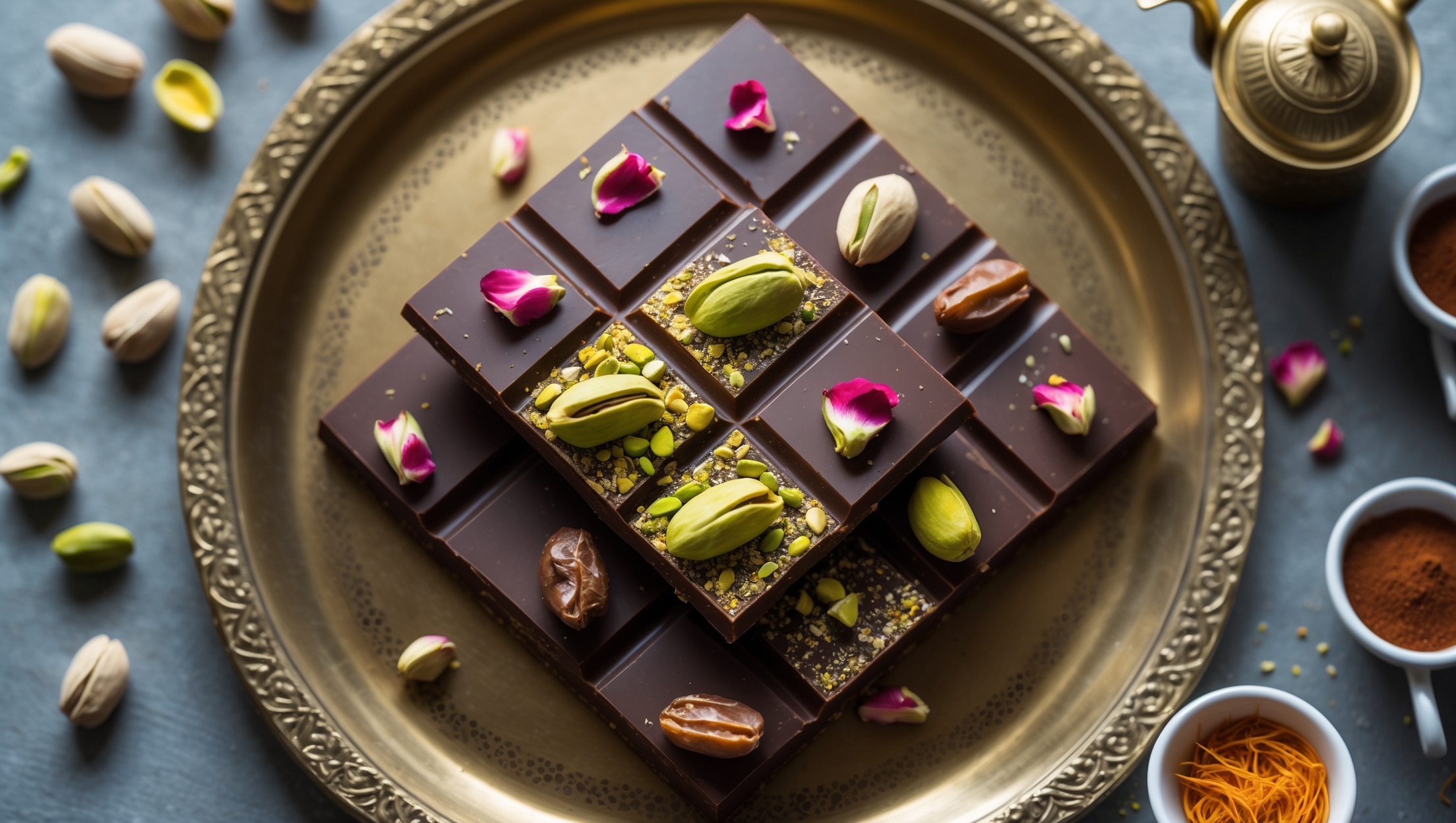 An overhead shot of diamond-cut Dubai Chocolate Bars arranged on an ornate brass tray, with soft natural light highlighting their glossy chocolate surface. A cross-section view reveals distinct layers of dark chocolate ganache studded with bright green pistachios and golden date pieces. Crushed rose petals and a light dusting of gold shimmer powder adorn the top, creating visual contrast against the deep chocolate. The surrounding scene includes scattered whole pistachios, cardamom pods, and a small bowl of saffron threads, with a traditional Arabic coffee pot and small cups suggesting the perfect pairing.