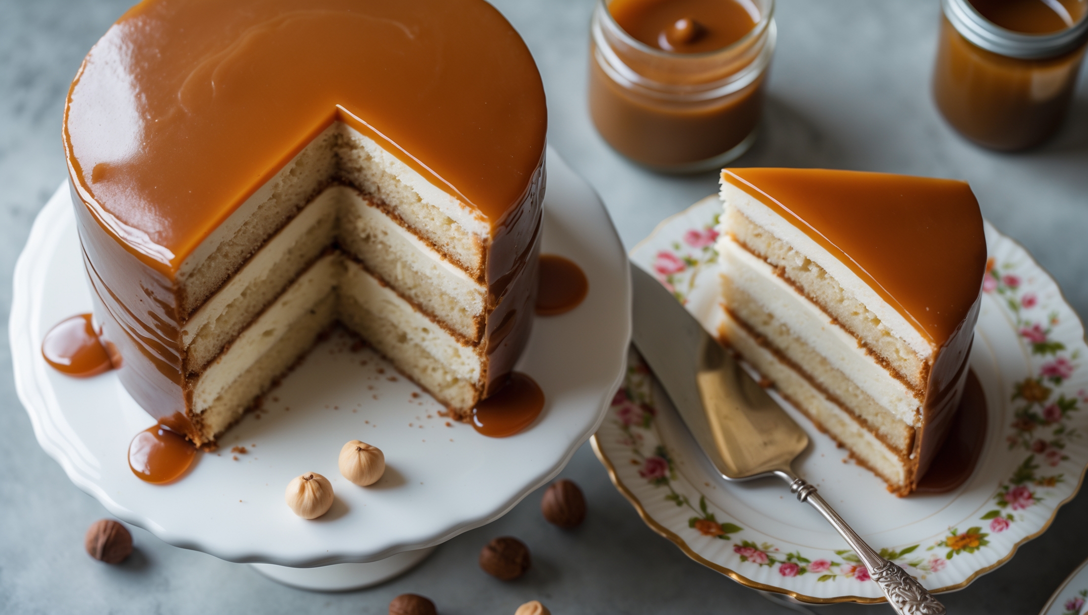 An overhead shot captures this stunning four-layer cake on a white ceramic cake stand, with caramel dripping elegantly down its sides. The cross-section reveals perfect vanilla cake layers separated by smooth dulce de leche buttercream. Soft natural light highlights the cake's golden-brown exterior and creamy filling, while the glossy caramel topping creates appetizing reflections. Scattered around the base are a few whole hazelnuts and a small jar of dulce de leche, emphasizing the cake's star ingredient. A silver cake server rests beside a slice on a vintage dessert plate, revealing the cake's moist crumb and perfect layer distribution.
