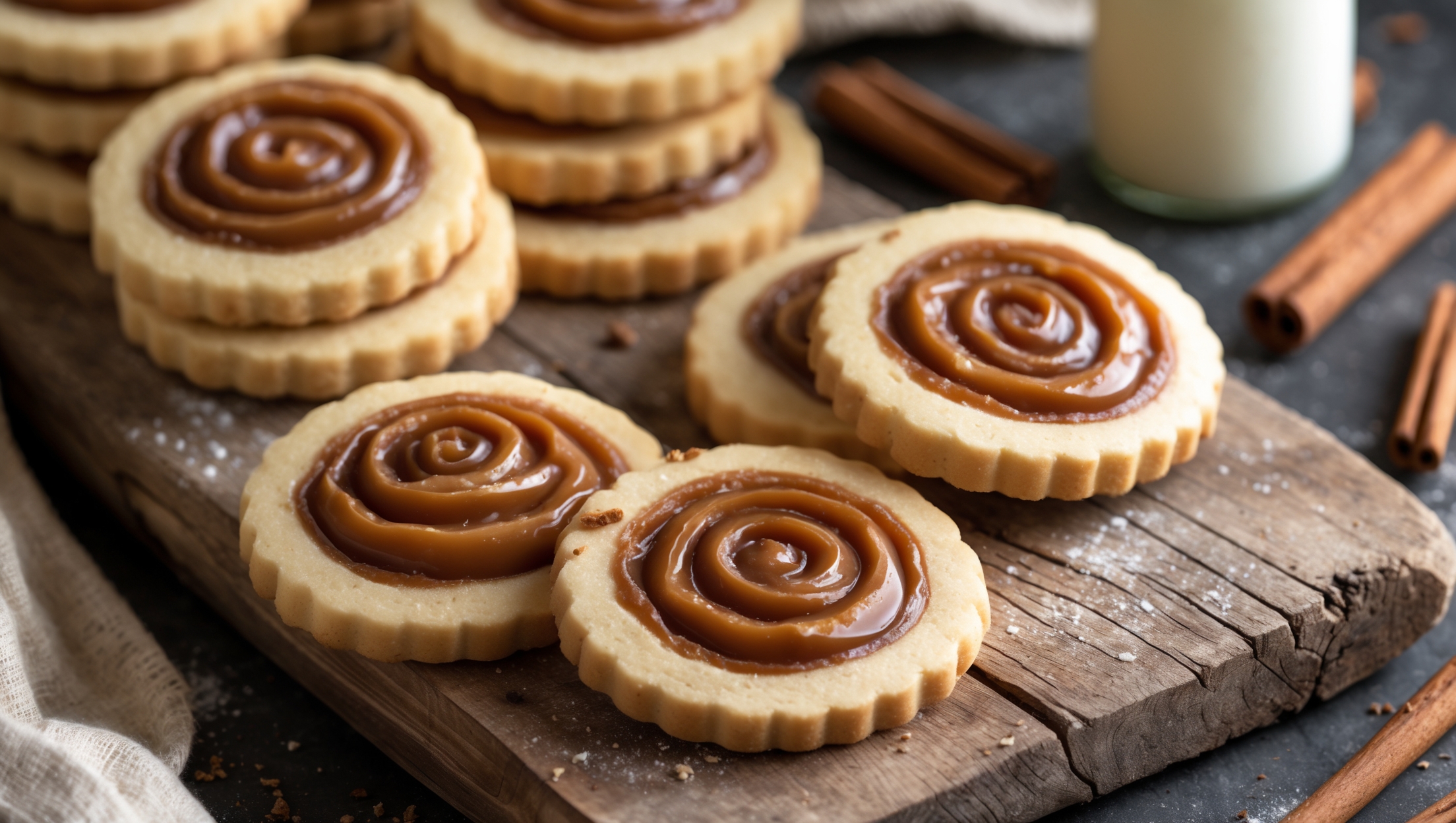 An overhead shot captures a rustic wooden board displaying perfectly baked dulce de leche pinwheels, their hypnotic caramel swirls contrasting beautifully against the golden-brown shortbread. A cross-section view reveals the delicate layers of buttery dough and rich dulce de leche, while soft natural light highlights the cookies' crisp edges and slight sheen. In the background, a vintage milk bottle and scattered cinnamon sticks create context, while a few cookies are shown stacked to display their uniform spirals. A close-up captures the caramelized edges where the dulce de leche has slightly bubbled and caramelized during baking, creating an amber glaze against the pale cookie dough.