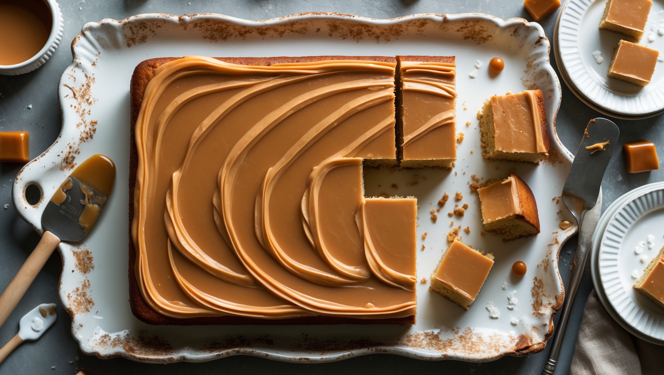 An overhead shot of a generously-sized rectangular dulce de leche sheet cake on a vintage white ceramic platter, bathed in soft natural light. The cake's golden-brown surface glistens with a thick layer of glossy caramel-colored dulce de leche frosting, artfully swirled to create peaks and valleys. A spatula rests beside the cake with traces of the silky frosting, while a perfectly cut square reveals the cake's moist, tender crumb that's been infused with dulce de leche. Scattered around the platter are whole caramels, a sprinkle of flaky sea salt, and small white ceramic plates holding slices ready to be devoured, showcasing the cake's distinct layers and caramel-soaked texture.