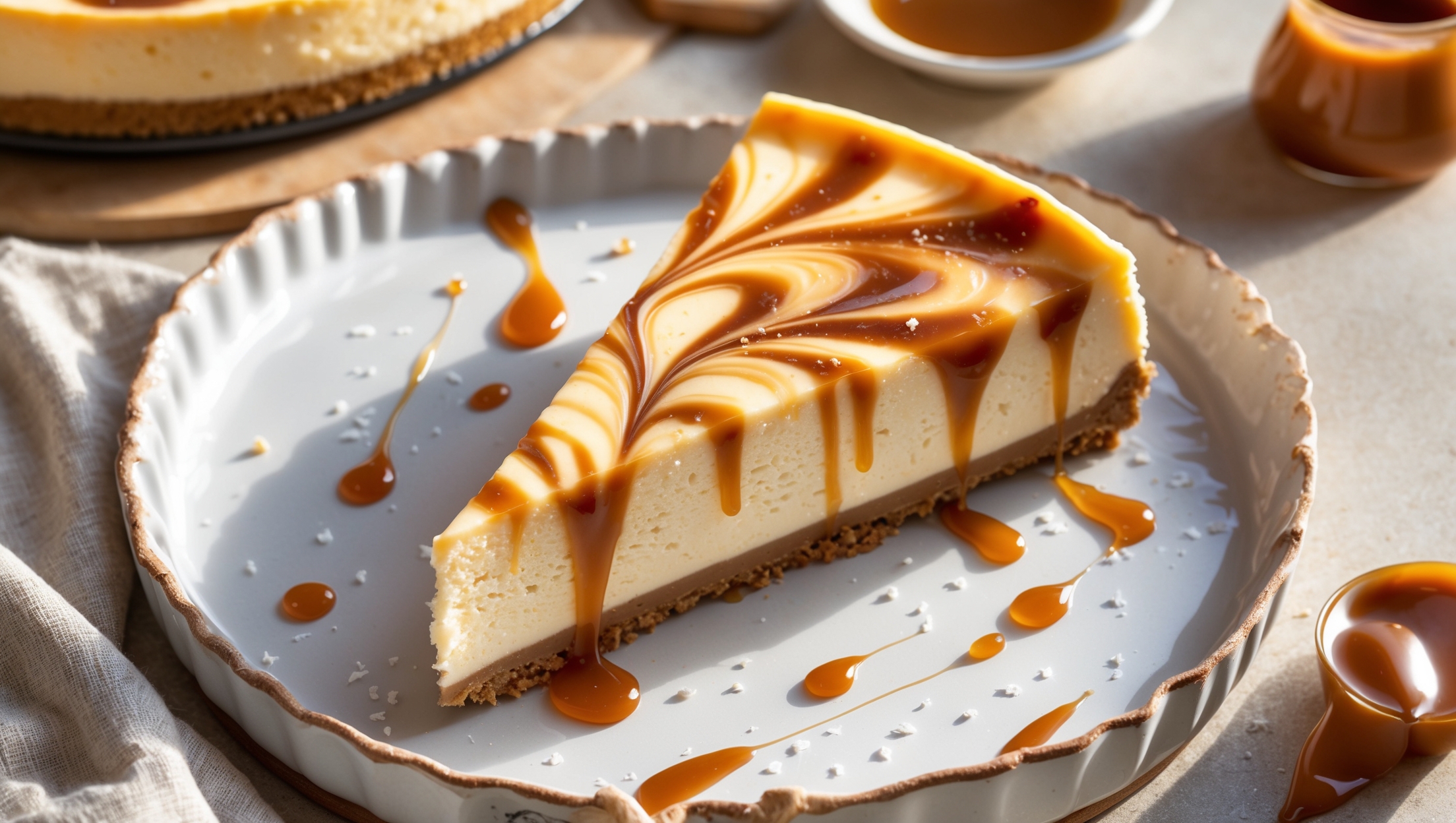 An overhead shot of a perfectly sliced dulce de leche cheesecake revealing intricate caramel swirls throughout the creamy filling. The slice rests on a white ceramic plate against a neutral linen cloth, with golden afternoon light highlighting the contrast between the amber dulce de leche ribbons and ivory cheesecake. The buttery biscuit crust provides a textural border at the base, while tiny flakes of sea salt sparkle on top. In the background, a copper saucepan with remaining dulce de leche and a small pitcher of caramel sauce suggest the homemade elements. The surface shows delicate crackling characteristic of a perfectly baked cheesecake, with a drizzle of extra dulce de leche cascading down one side.
