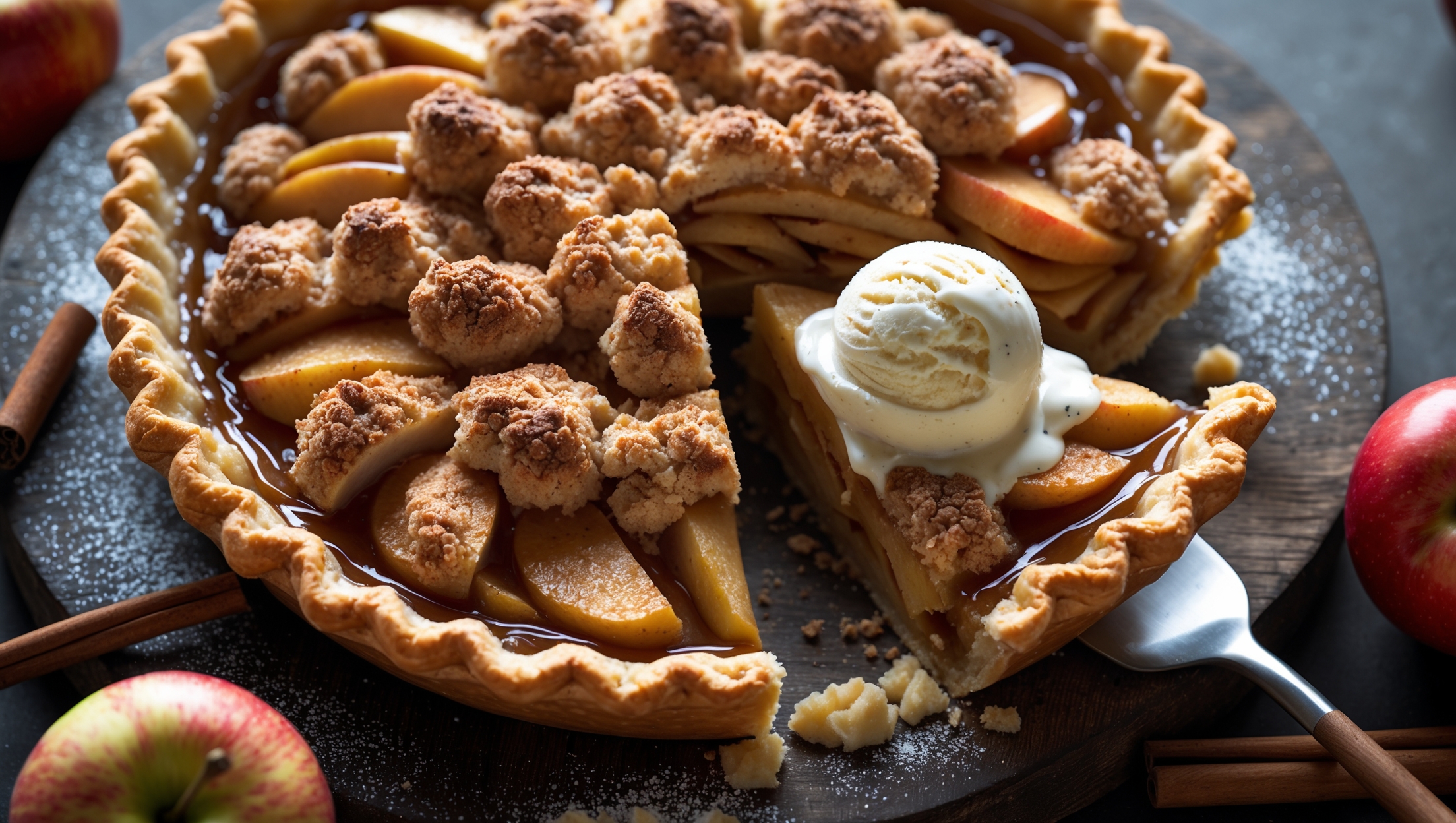 An overhead shot of a Dutch apple pie with a deep golden-brown streusel topping that glistens slightly from the caramelized sugar. The pie is cut to reveal a perfect slice being lifted away, showcasing the tender, layered apple filling nestled within a flaky, butter-rich crust. Soft natural light streams across the scene, highlighting the different textures – the crumbly streusel, the tender apple slices, and the crisp pastry edge. The pie rests on a rustic wooden board with scattered cinnamon sticks, whole apples, and a delicate dusting of powdered sugar around the edges. A scoop of vanilla ice cream slowly melts against the warm slice, creating an inviting pool of cream against the amber filling.
