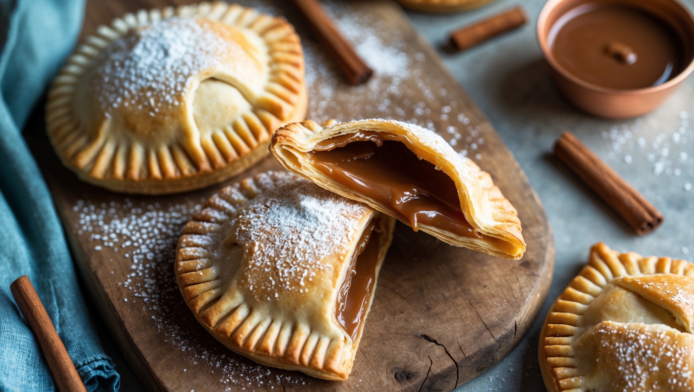 Overhead shot of golden-brown hand pies arranged on a rustic wooden board, with one broken open to reveal the luscious dulce de leche filling oozing out. A dusting of powdered sugar creates a beautiful contrast against the amber filling, while the pastry's flaky layers are clearly visible in the cross-section. Shot in soft natural light, with scattered cinnamon sticks and a small copper pot of extra dulce de leche in the background adding context. A vintage blue linen napkin peeks from the corner, complementing the warm tones of the pastries and highlighting their homemade charm.