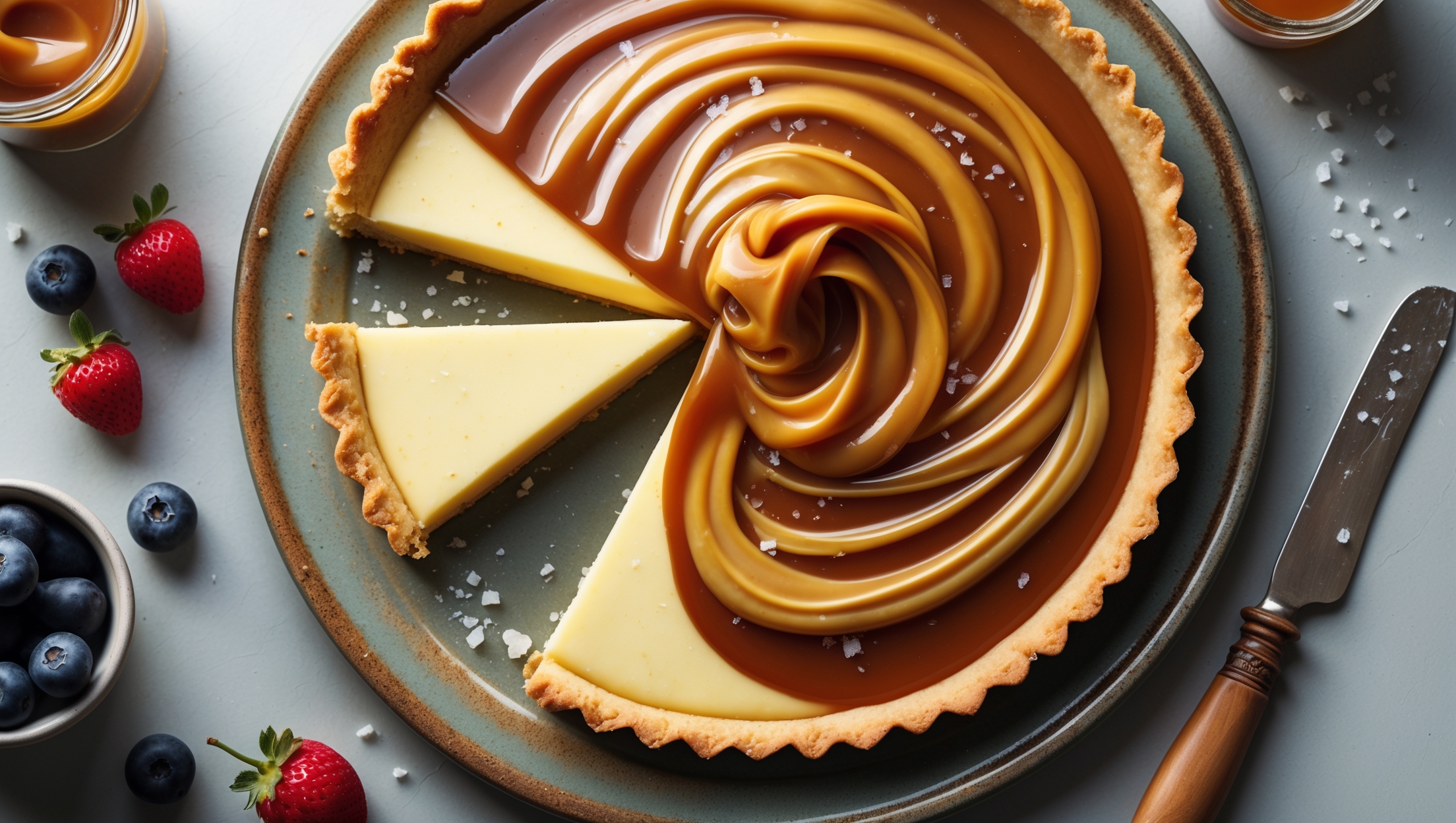 Overhead shot of a perfectly golden-brown tart with a crisp, fluted edge showcasing the contrast between the pale yellow custard layer and the glossy amber dulce de leche swirled artfully on top. A cross-section view reveals distinct layers of buttery crust, creamy vanilla-flecked custard, and rich caramel topping. Captured in soft natural light on a rustic ceramic plate with fresh berries scattered alongside, a small jar of dulce de leche and a vintage serving knife strategically placed in frame. A light dusting of sea salt crystals catches the light, highlighting the velvety surface texture of the tart while a wisp of steam suggests it's freshly baked.