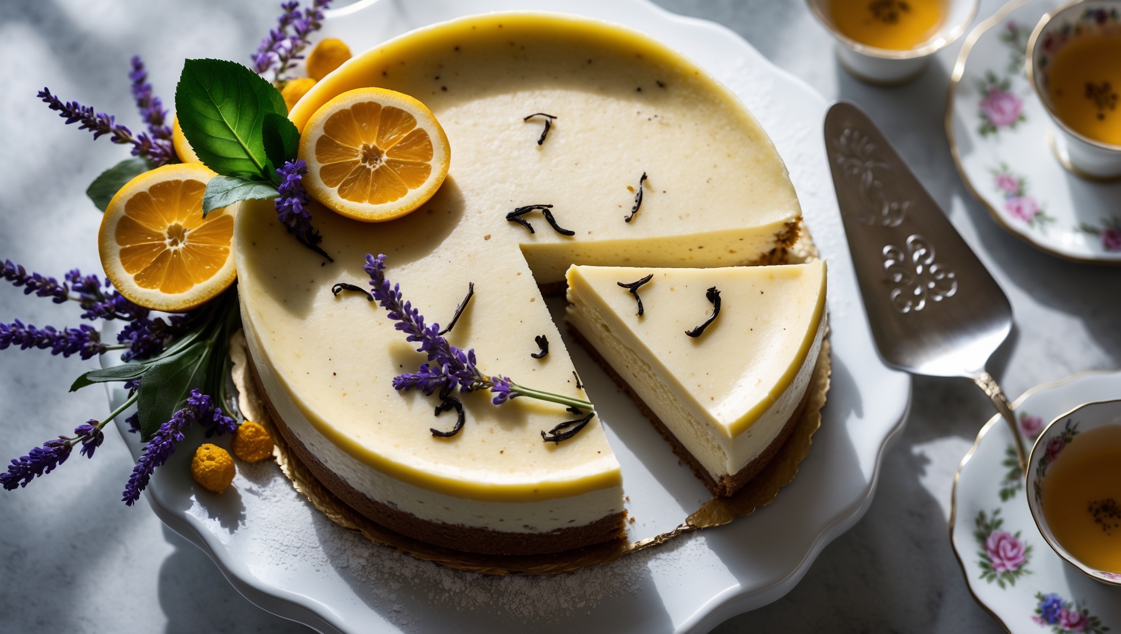 An overhead shot of a perfectly set Earl Grey Tea Cheesecake with a slice being removed, revealing its creamy interior against the golden-brown biscuit base. Soft natural light streams across the surface, highlighting the speckles of Earl Grey tea leaves throughout the filling. The cheesecake sits on a white ceramic cake stand adorned with fresh bergamot slices and dried lavender sprigs. A vintage silver cake server rests nearby, with a dusting of powdered sugar creating subtle contrast against the pale tea-colored filling. Delicate china teacups filled with Earl Grey tea complete the sophisticated teatime setting.