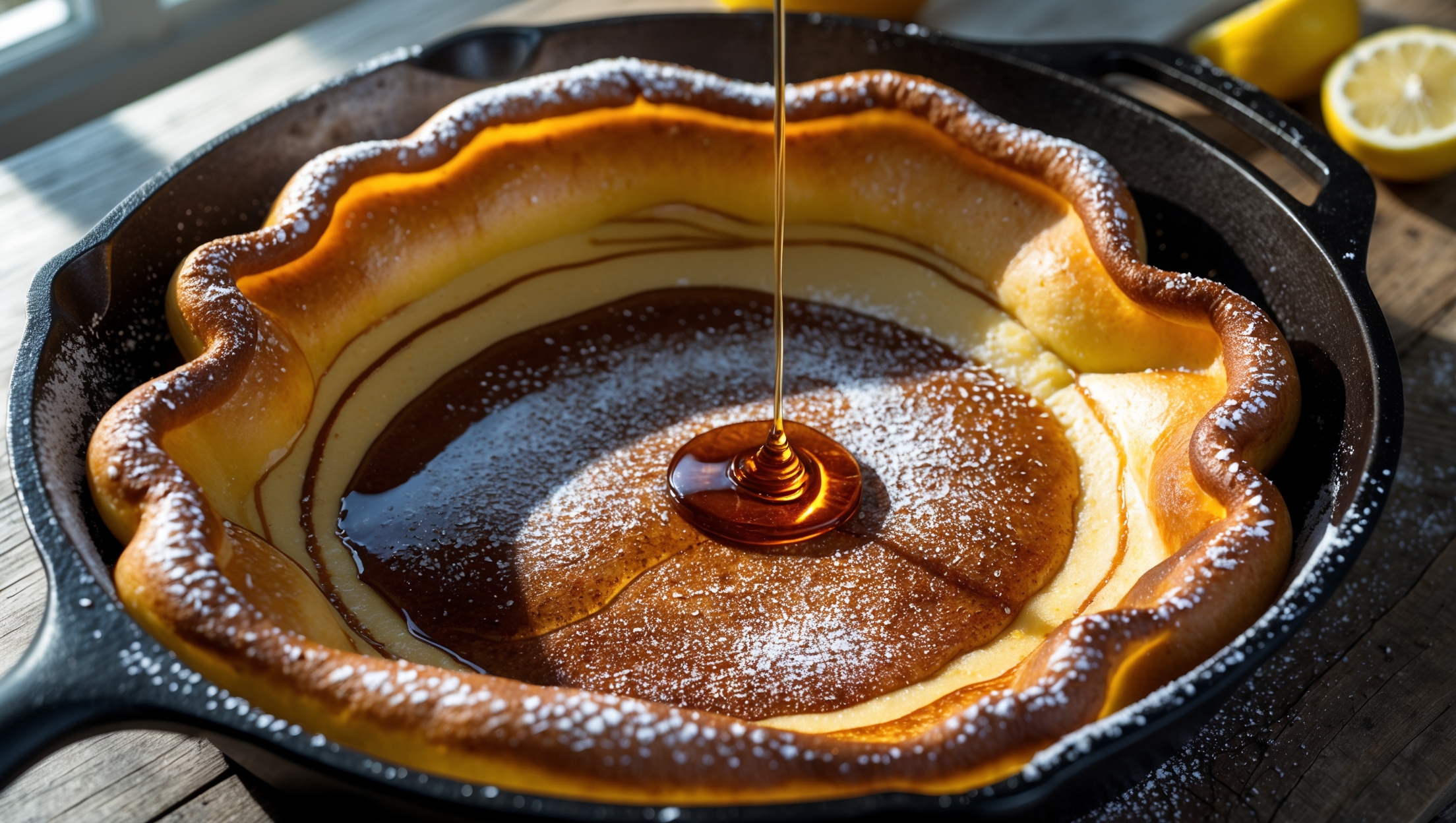 An overhead shot of a golden-brown Dutch Baby dramatically puffed up along the edges of a cast-iron skillet, creating a dramatic crater in the center. The pancake's surface showcases a beautiful contrast between the deeply caramelized edges and the lighter yellow interior with subtle waves and ripples. Shot in bright morning light streaming through a kitchen window, highlighting the pancake's glossy surface. A light dusting of powdered sugar is settling on top like fresh snow, while fresh berries and lemon wedges rest alongside the skillet on a rustic wooden table. A drizzle of maple syrup catches the light as it cascades down one side of the puffy edges.