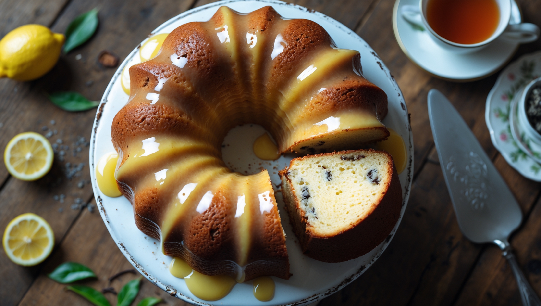 An overhead shot of a meticulously molded bundt cake on a vintage white cake stand, showcasing its perfect ridges and valleys. Soft natural light streams across the scene, highlighting the cake's golden-brown exterior and the glossy, translucent lemon glaze that drips elegantly down the sides. A cross-section reveals a delicate, moist interior speckled with Earl Grey tea leaves. The styling includes scattered fresh lemon slices, loose Earl Grey tea leaves, and a steaming cup of tea nearby on a rustic wooden table. A silver cake server rests alongside, ready to cut into the aromatic cake.