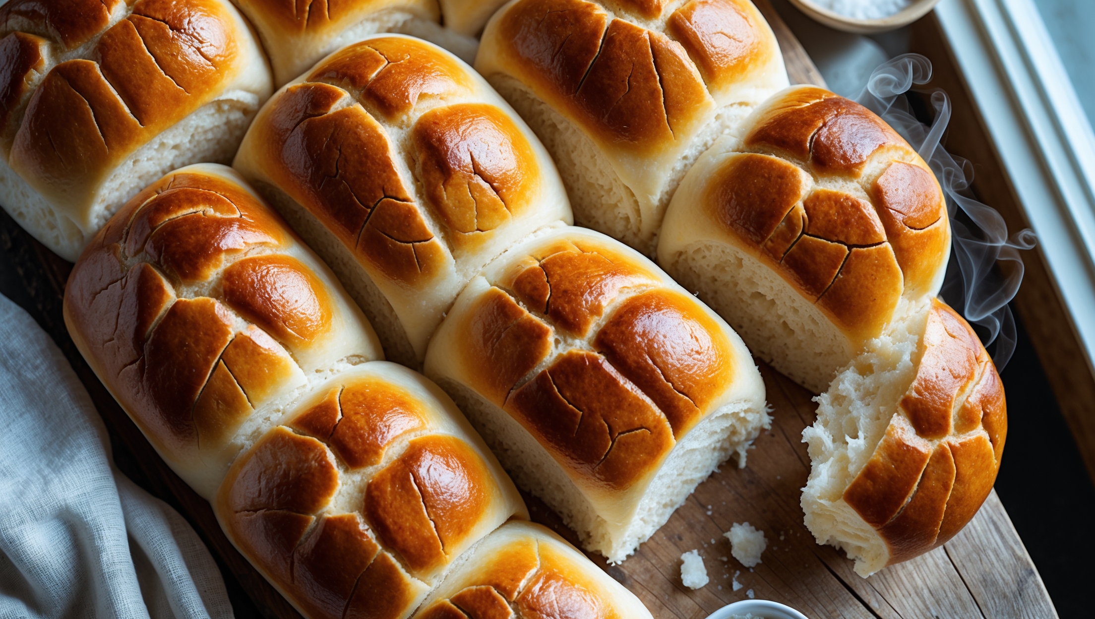 An overhead shot of freshly baked Dutch Crunch Rolls arranged on a rustic wooden board, their distinctive crackled tops showcasing the perfect golden-brown "tiger stripe" pattern. A cross-section view reveals the soft, airy white crumb inside contrasting beautifully with the crunchy exterior. Soft natural light streams in from a side window, highlighting the textural details of the cracks and crevices. A linen napkin peeks from the corner while a small dish of butter and flaky sea salt sits nearby, suggesting the simple pleasure of enjoying these rolls while still warm. Steam visibly rises from a freshly torn roll, emphasizing their just-baked quality.