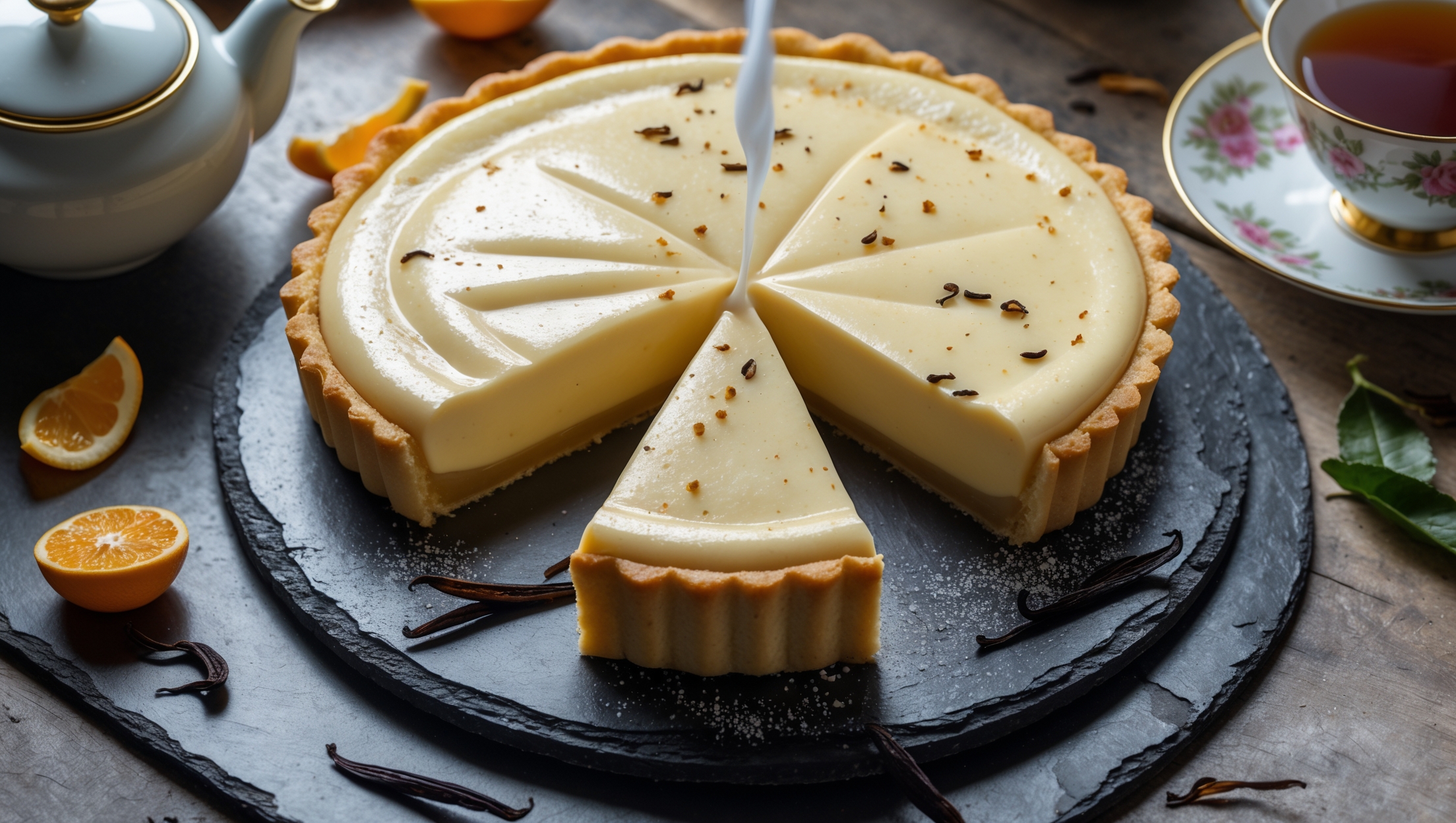 Overhead shot of a perfectly sliced Earl Grey custard tart displaying its smooth, pale golden custard speckled with tiny vanilla bean flecks, contrasting against the crisp, amber-colored pastry crust. Natural window light accentuates the glossy surface of the custard while casting gentle shadows that highlight its silky texture. The tart sits on a weathered slate serving board alongside a vintage teapot, scattered bergamot citrus peels, and a few loose Earl Grey tea leaves. Steam rises from a freshly poured cup of tea in a fine bone china teacup positioned at the edge of the frame, suggesting an afternoon tea setting. A delicate dusting of powdered sugar creates visual contrast against the cream-colored custard filling.