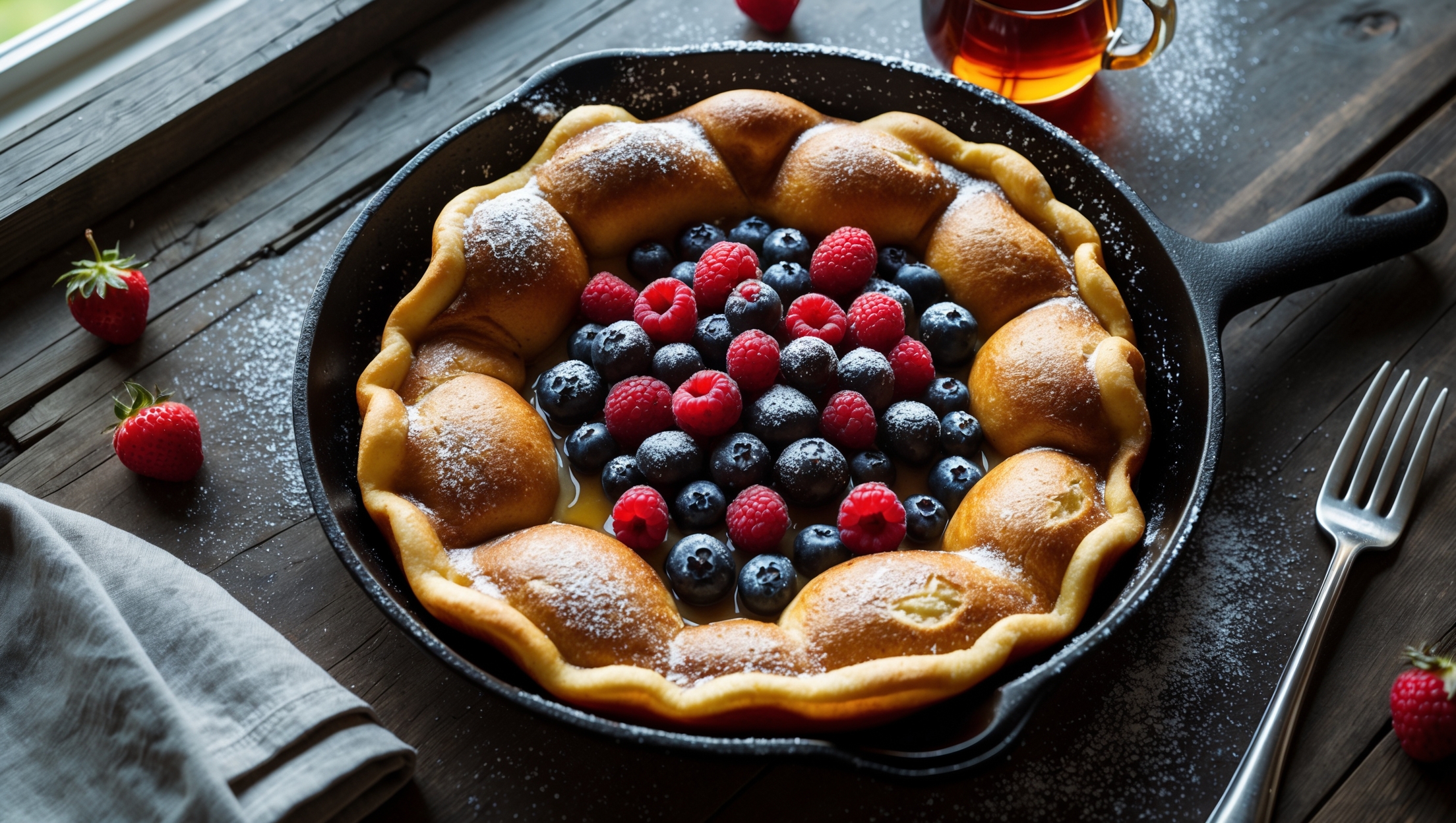 An overhead shot of a cast-iron skillet containing a golden-brown Dutch Baby pancake with dramatically raised, rippled edges and a crater-like center filled with a colorful medley of fresh berries—plump blueberries, ruby-red raspberries, and sliced strawberries. The pancake is dusted with a light snow of powdered sugar, creating striking contrast against the dark berries. A small pitcher of maple syrup sits nearby, catching the warm natural morning light streaming through a kitchen window. The composition includes a folded linen napkin, a silver fork, and scattered fresh berries surrounding the skillet, all arranged on a rustic wooden table that complements the homey, weekend breakfast atmosphere of this impressive yet simple dish.