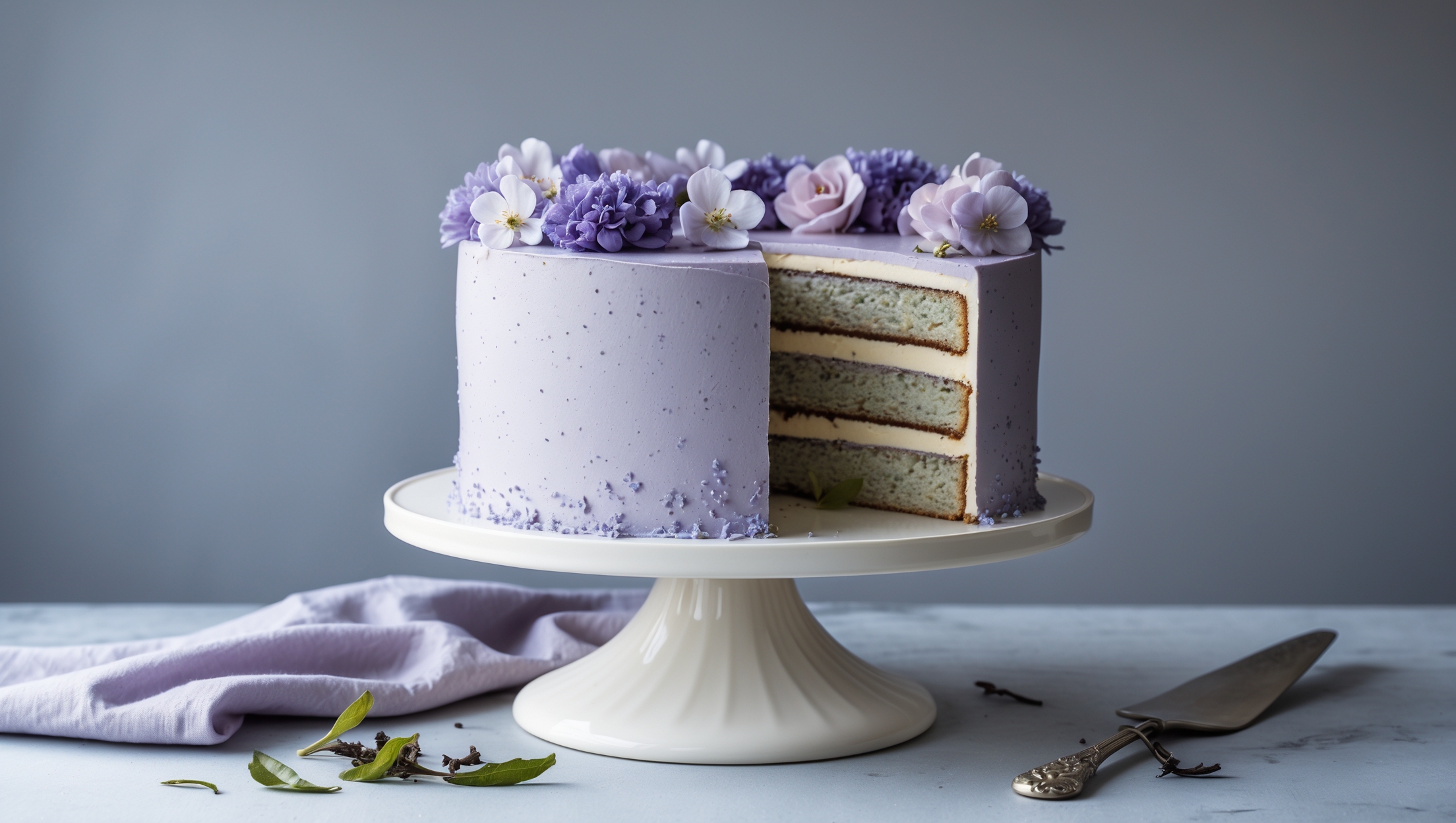 An elegant three-layer Earl Grey cake stands proudly on a white ceramic cake stand against a soft gray backdrop. Diffused natural light highlights the smooth lavender-tinted buttercream covering the exterior, while a cross-section view reveals delicate speckles of Earl Grey tea leaves throughout the moist, light crumb. The cake is crowned with a wreath of fresh edible flowers in pale purples and blues, with a few loose tea leaves artfully scattered on the stand. A vintage silver cake server rests nearby, ready to cut into the first slice, which reveals the perfect distinction between the tea-infused layers and the silky bergamot buttercream.