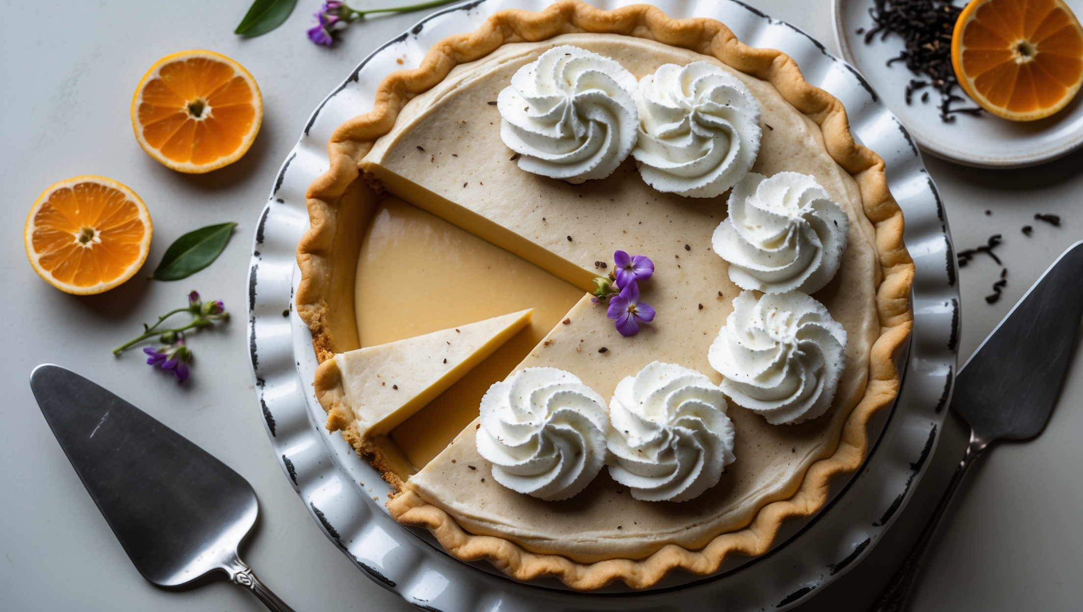 An overhead shot of the elegant Earl Grey Tea Cream Pie reveals its perfectly crimped crust and smooth custard filling topped with swirls of lightly tea-speckled whipped cream. A cross-section view exposes the distinct layers: the golden-brown flaky crust, the amber-toned Earl Grey infused custard, and the cloud-like cream topping. Captured in soft natural light that highlights the subtle tea leaf specks throughout the filling, the pie sits on a vintage white cake stand with fresh bergamot slices and loose Earl Grey tea leaves artfully scattered nearby. A sprinkle of edible flowers adds pops of color against the creamy beige filling, while a silver pie server rests alongside, ready to serve a perfect wedge.
