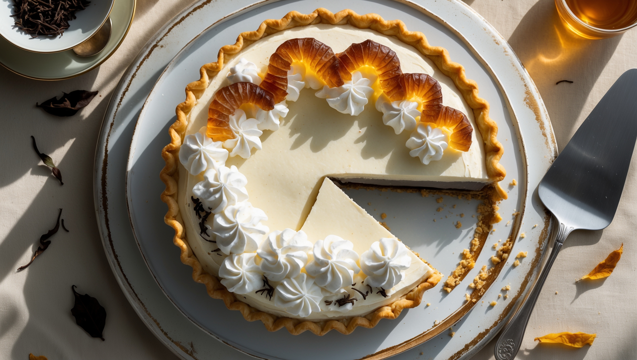 An overhead shot of the Earl Grey Tea-Infused Cream Pie on a vintage white cake stand, with golden afternoon light illuminating the translucent pulled sugar decorations that arch gracefully across the top like amber waves. The cross-section reveals perfect layers: crisp golden-brown pastry, silky tea-infused custard with visible flecks of Earl Grey, and a cloud of softly whipped cream with a subtle grey tint. Scattered bergamot zest and dried tea leaves surround the pie, while a silver cake server rests beside it, ready to cut through the contrasting textures. Steam rises gently from a nearby cup of Earl Grey tea, complementing the sophisticated palette of creamy beiges, soft greys, and amber hues.