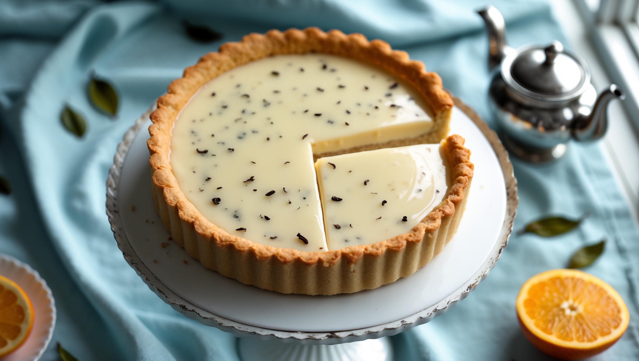 An overhead shot of a perfectly baked Earl Grey Tea Tart with a golden-brown shortcrust pastry edge and a smooth, pale cream-colored filling with tiny flecks of tea leaves visible. The tart is placed on a vintage white cake stand against a light blue linen backdrop, with scattered tea leaves, a sliced bergamot orange, and a small silver teapot in soft focus in the background. Natural window light creates gentle shadows that highlight the glossy surface of the custard filling, which shows a slight wobble when the image is taken. One slice has been removed, revealing the clean-cut creamy interior with a perfect ratio of crust to filling.