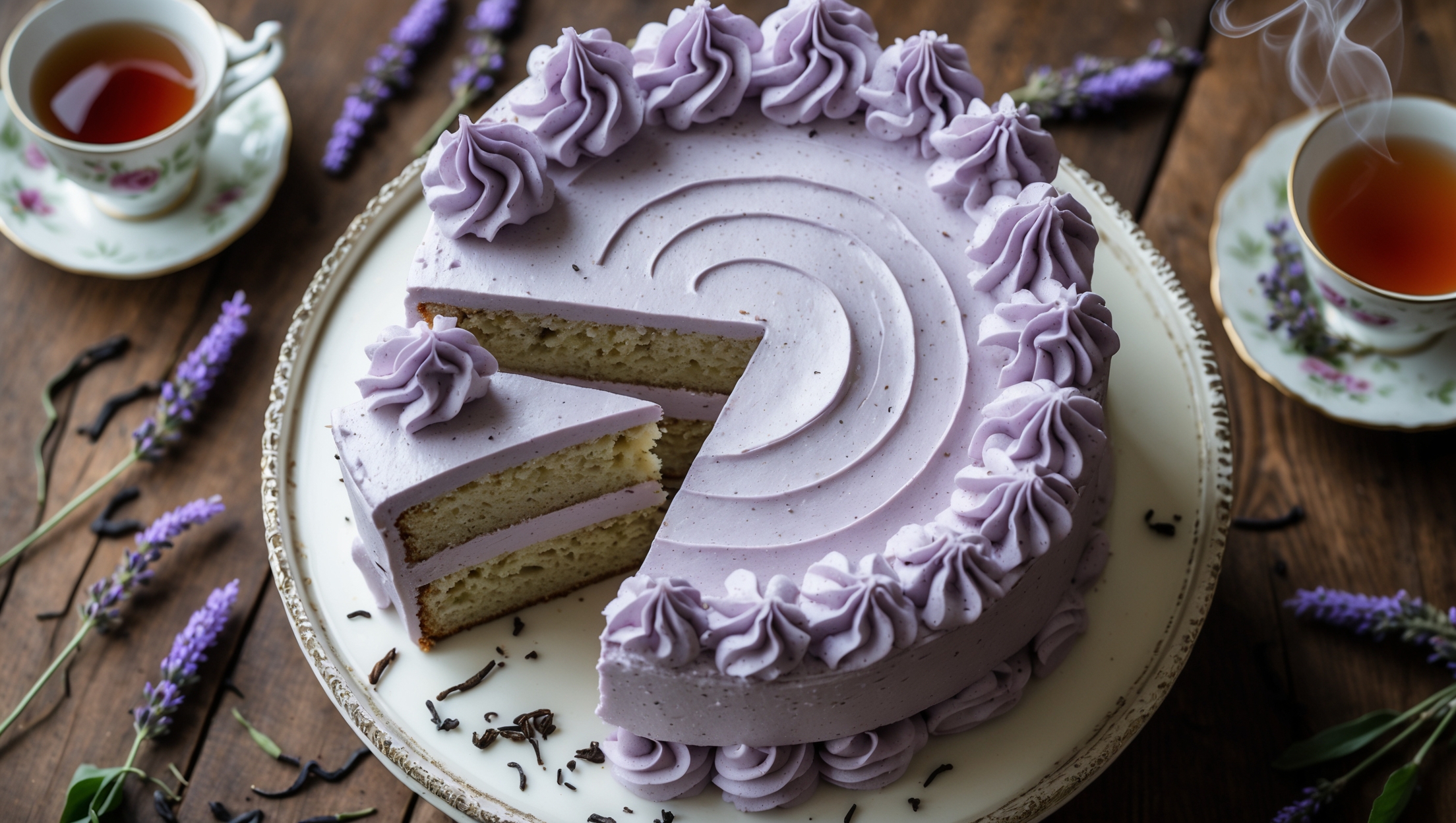 An overhead shot captures a three-layered Earl Grey Tea cake on an antique white cake stand, with a slice being removed to reveal the delicate crumb and tea-speckled interior. The soft natural light accentuates the pale lavender buttercream frosting swirled elegantly between each layer and covering the cake with deliberate textured peaks. Scattered loose Earl Grey tea leaves and fresh lavender sprigs decorate the wooden surface surrounding the cake, while a vintage teacup with Earl Grey tea sits alongside, steam gently rising. The cross-section reveals a moist, tender crumb with visible flecks of tea leaves throughout, contrasting beautifully with the creamy frosting layers.