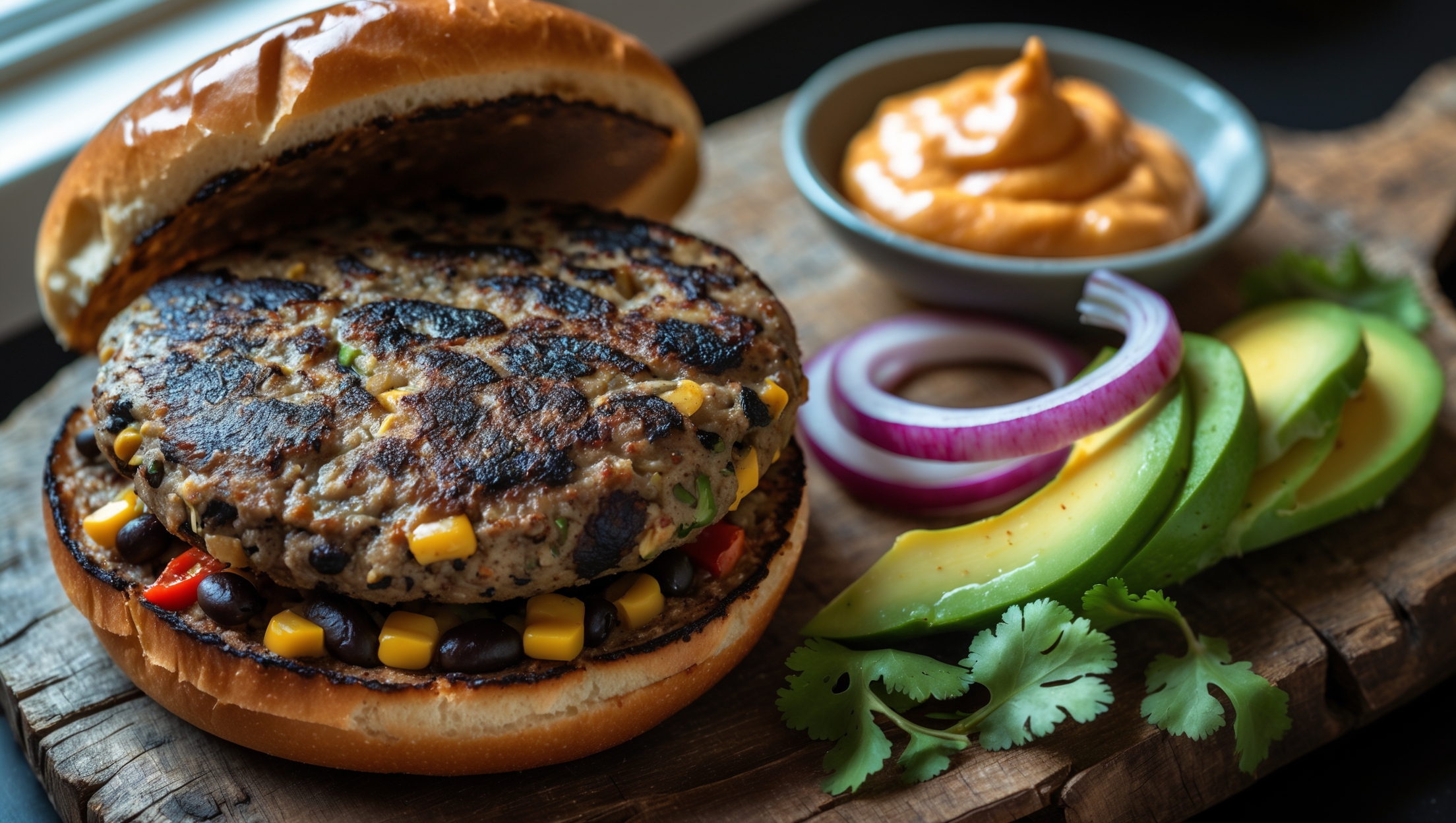 An overhead shot of a perfectly formed black bean burger on a toasted brioche bun, revealing its slightly charred exterior and moist interior. Natural window light highlights the textural contrast between the crisp exterior and visible bean pieces within the patty. Beside the main burger, a spread of colorful toppings—sliced avocado, red onion rings, and fresh cilantro—sits on a rustic wooden board. Visible specks of corn and red pepper within the patty add vivid color contrast against the deep black bean base, while a small bowl of chipotle mayo sits alongside, its creamy texture catching the light.