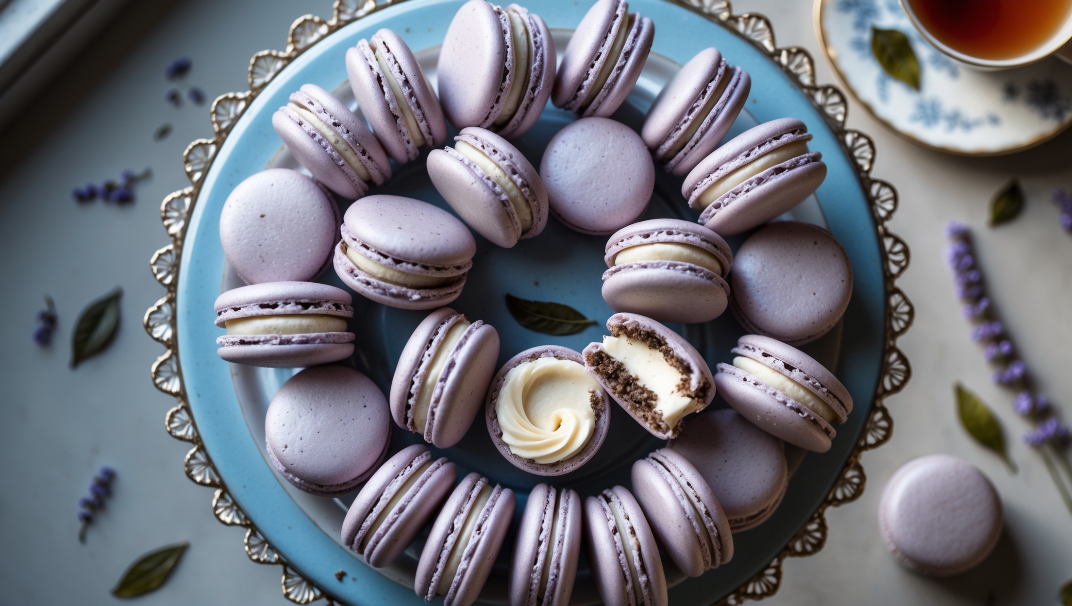 An overhead shot of perfectly formed Earl Grey macarons arranged in a spiral pattern on a vintage blue porcelain cake stand. Natural window light creates gentle shadows highlighting their smooth domed tops and distinctive "feet." A close-up reveals the light lavender-gray shells with tiny specks of tea leaves visible in the surface. Cut macarons expose the creamy buttercream filling that contrasts beautifully with the crisp shells. Scattered tea leaves, dried lavender sprigs, and a delicate teacup of Earl Grey tea create context in the soft-focus background, while the foreground macaron shows a perfect bite taken from it, revealing the chewy interior texture.